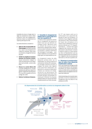 Septembre 2014 - Les Synthèses © Solucom 17• 
modalités de prise en charge selon le 
degré de complexité du besoin métier 
et gestion claire des engagements, 
associée si besoin au renforcement du 
capacity planning de la DSI. 
Les autres évolutions consistent à : 
ChChan•• Définir les rôles et responsabilités des 
Client managers et les aider à prendre 
leur place (accompagnement 
collectif et individuel, appui dans 
la conduite du changement de leurs 
équipes) 
ChChan•• Clarifier les compétences et postures 
attendues des Business analysts, 
devant pleinement intégrer la 
notion de performance et de valeur 
dans leurs activités ; animer cette 
filière 
ChChan•• Rénover les comités Métiers-DSI 
(comités stratégiques et comités 
opérationnels ayant pour objectif de 
garantir l’alignement des évolutions 
SI, le suivi de la qualité du SI et le 
partage des coûts) 
ChChan•• Renforcer l’architecture d’entreprise. 
3 - Consolider le changement de 
posture dans le cycle projet et le 
suivi de la qualité du SI 
La filière SI doit rapidement montrer 
que le changement de posture se 
traduit aussi par une évolution du 
dialogue projet. Meilleure prise 
en compte des enjeux et de la 
performance opérationnelle métiers, 
communication renforcée tout au long 
du processus, qualité et pertinence 
des échanges et arbitrages… sont 
autant d’attentes vis-à-vis de Chefs de 
projet ayant une responsabilité accrue. 
Le changement majeur de cette 
séquence portera donc sur la 
revalorisation du Chef de projet et la 
conduite des chantiers RH, processus, 
et outillages associés de façon à 
intégrer les leviers clés d’agilité 
et de savoir-faire relationnels. Les 
évolutions du process de fabrication 
(chasse aux ruptures de charge, 
recherche de performance de 
certaines activités) doivent être mises 
en oeuvre de façon concomitante, en 
impliquant fortement les équipes 
opérationnelles pour donner des leviers 
supplémentaires aux Chefs de projet. 
Un 2ème axe majeur porte sur le 
renforcement de la proximité des 
équipes SI avec les utilisateurs. La 
recherche d’une intégration optimale 
des solutions IT dans l’environnement 
de travail des utilisateurs et la 
mesure de leur satisfaction quant aux 
services délivrés par l’IT (support, 
habilitations…) doivent faire partie 
intégrante des missions de la DSI. 
Cela devrait naturellement l’amener 
à mettre en place ou à faire évoluer 
les rôles de Représentant user (ou 
Business analyst position de travail) et 
leur intégration dans les processus de 
fabrication au titre de la qualité du SI. 
4 - Pérenniser la transformation 
dans le cadre d’une démarche 
d’amélioration continue 
Enfin, pour s’assurer de l’ancrage de la DSI 
comme Business partner, il est nécessaire 
de diffuser une culture d’amélioration 
continue centrée client qui permettra aux 
différents acteurs de progresser dans leur 
savoir-faire relationnel. 
Cette dernière étape de la transformation 
permettra d’inscrire durablement le 
changement dans les valeurs et les 
pratiques de la DSI. 
Un séquencement de la transformation au service du changement culturel in fine 
20 
CULTURE 
Compétences 
relationnelles 
Transformation 
managériale 
Parcours métiers 
Posture 
Compétences IT 
de pilotage 
Responsabilisation 
Double compétence 
métier SI 
Amélioration 
continue 
Process projet 
Gouvernance 
et Comités 
Capacity 
planning 
Proximité avec les 
unités opérationnelles 
Gestion de la demande 
et des engagements 
Nouveaux principes de la 
relation Business-IT 
FONTIONNEMENT 
ORGANISATION 
Rapprochement MOA - MOE 
Directions 
de Solutions 
Business analyst 
Architecte d’entreprise 
Rôles 
Client manager 
 