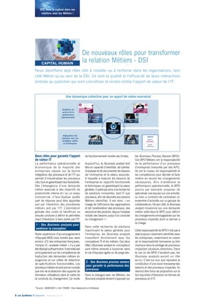 DSI, osez la rupture dans vos 
relations avec les Métiers ! 
Solutions au 
service de la 
performance 
opérationnelle 
1 - Des Business analysts pour 
améliorer la conception 
8• Les Synthèses © Solucom - Septembre 2014 
De nouveaux rôles pour transformer 
la relation Métiers - DSI 
Nous identifions sept rôles clés à installer ou à renforcer dans les organisations, tant 
côté Métier qu’au sein de la DSI. Ce sont la qualité et l’efficacité de leurs interactions 
directes au quotidien qui vont concrétiser et rendre visible l’apport de valeur de l’IT. 
Une dynamique collective pour un apport de valeur maximisé 
Deux rôles pour garantir l’apport 
de valeur IT 
La performance opérationnelle et 
économique de la majorité des 
entreprises repose sur la bonne 
intégration des processus et de l’IT qui 
permet d’industrialiser les processus 
clés, tout en garantissant leur évolutivité. 
Dès l’émergence d’une demande 
métier associée à des objectifs de 
productivité interne et / ou un enjeu 
commercial, il faut évaluer quelle 
part de réponse peut être apportée 
soit par l’évolution des procédures 
métiers soit par l’IT. L’estimation 
globale des coûts et bénéfices va 
ensuite conduire à définir le périmètre 
exact d’évolution à faire porter par l’IT. 
Notre expérience d’accompagnement 
d’équipes MOA nous montre que, dans 
environ 2/3 des entreprises françaises, 
l’emploi d’« analyste métier » n’y a pas 
été déployé suffisamment. Il est resté axé 
principalement sur les compétences de 
traduction des demandes métiers en 
exigences et sur celles de rédaction 
de spécifications fonctionnelles. Les 
processus métiers ne sont pris en compte 
que lors de la rédaction des supports de 
formation utilisateurs dans le cadre de 
la conduite du changement. Ce mode 
Business 
process owner 
5 
de fonctionnement montre ses limites. 
Aujourd’hui, le Business analyst doit 
être en capacité d’identifier, de clarifier, 
d’analyser et de documenter les besoins 
de l’entreprise et la valeur associée. 
Il travaille à traduire les besoins de 
l’entreprise en objectifs fonctionnels 
et techniques, en garantissant la valeur 
générée. Il participe ainsi à la recherche 
de solutions innovantes, tant IT que 
processus, afin de répondre aux besoins 
Métiers identifiés. Il est donc « en 
charge de l’efficience des organisations 
et de l’amélioration des processus, des 
services et des produits, depuis l’analyse 
initiale des besoins jusqu’à la conduite 
du changement »*. 
Dans cette recherche de solutions 
maximisant la valeur générée pour 
l’entreprise, les Business analysts 
travaillent étroitement avec les 
concepteurs IT et les métiers. Ces deux 
rôles (Business analyst et concepteur) 
sont même amenés à fusionner dans 
le cas d’équipes agiles ou de progiciels. 
2 - Des Business process owners 
pour garantir la performance des 
processus 
Dans le dialogue avec les Métiers, les 
Business analysts doivent s’appuyer sur 
les Business Process Owners (BPO). 
8 
Ces BPO Métiers ont la responsabilité 
de la performance d’un processus 
d’entreprise (mesurée par des KPI). 
Ils ont le niveau de responsabilité et 
les compétences pour décider et faire 
mettre en oeuvre les changements 
nécessaires. Afin d’améliorer la 
performance opérationnelle, le BPO 
pourra par exemple proposer de 
spécialiser une équipe sur une activité, 
ou bien a contrario de centraliser un 
ensemble d’activités sur un groupe de 
collaborateurs. De son côté, le Business 
analyst missionné sur une demande 
métier sollicitera le BPO pour définir 
les changements envisageables sur les 
processus impactés dont ce dernier a 
la charge. 
Cette responsabilité de BPO n’est pas à 
date toujours clairement identifiée dans 
les entreprises, notamment en raison 
de la responsabilité transverse qu’elle 
implique dans le pilotage de processus 
impactant plusieurs directions. Dans 
le cas où les BPO n’existent pas, les 
Business analysts auront un rôle 
accru. C’est sur eux que reposera la 
constitution d’une vision transverse des 
besoins et des processus impactés. Ils 
devront être force de proposition sur le 
bon équilibre d’évolution en termes de 
processus et d’IT. 
Des rôles clés, accélérateurs de valeurs 
Adéquation des 
solutions avec les 
stratégies métier 
et d’entreprise 
Légende 
Rôles SI 
Rôles Métier 
Étroite 
collaboration 
Business 
analyst 
1 
2 
Key user 
3 
Representant 
user 
4 
Client manager 
Chef de projet 
solution 
6 
Architecte 
d’entreprise 
7 
19 août 2013 - Propriété de Solucom, reproduction interdite 3 
*Source : BABOK® 2.0 de l’IIBA® ; http://www.bpms.info/babok/ 
 