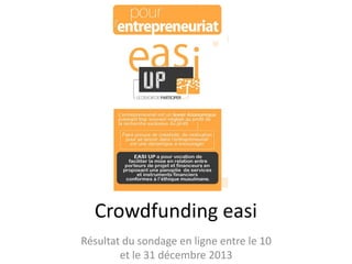 Crowdfunding easi
Résultat du sondage en ligne entre le 10
et le 31 décembre 2013

 