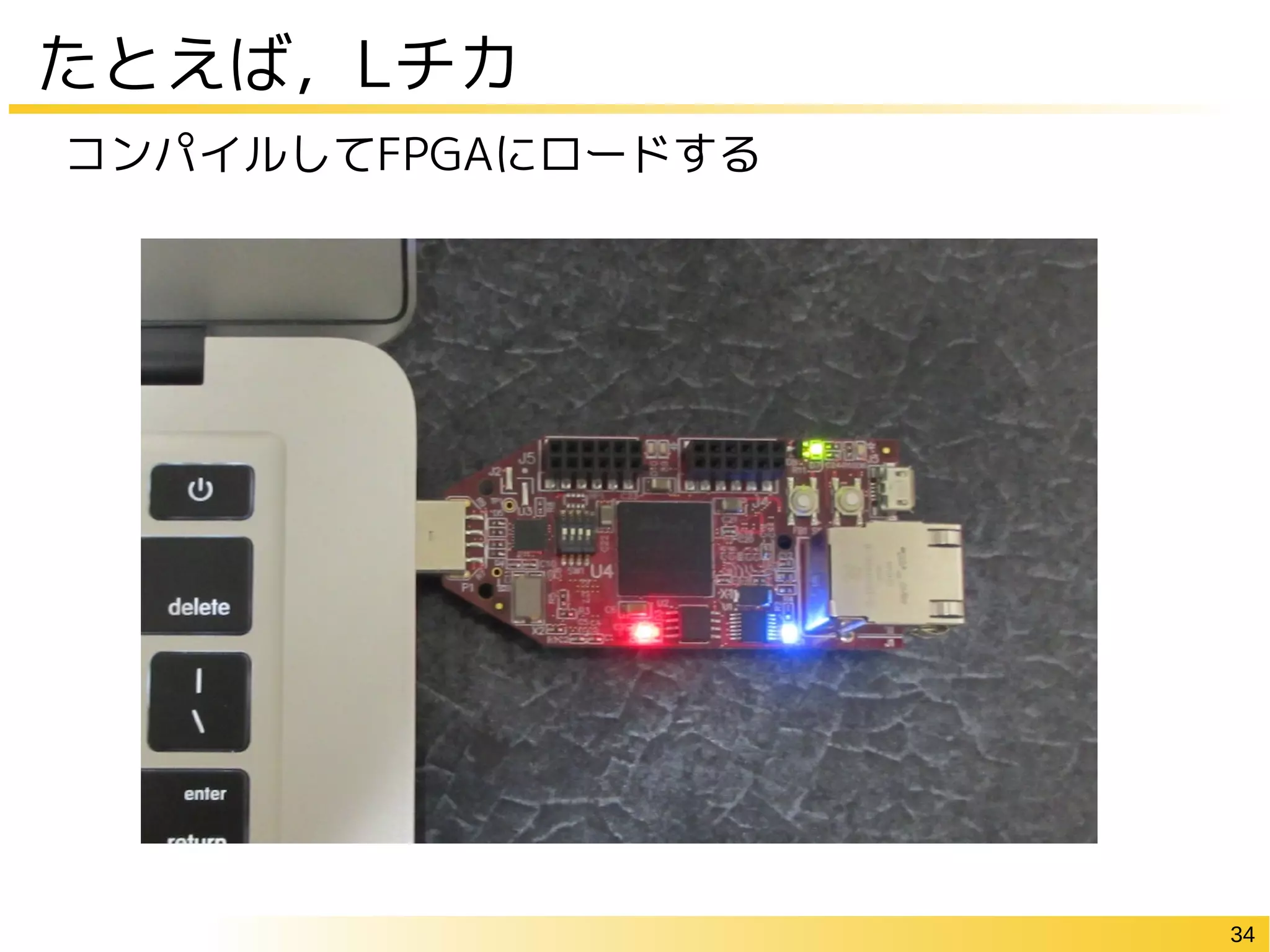 34
たとえば，Lチカ
コンパイルしてFPGAにロードする
 