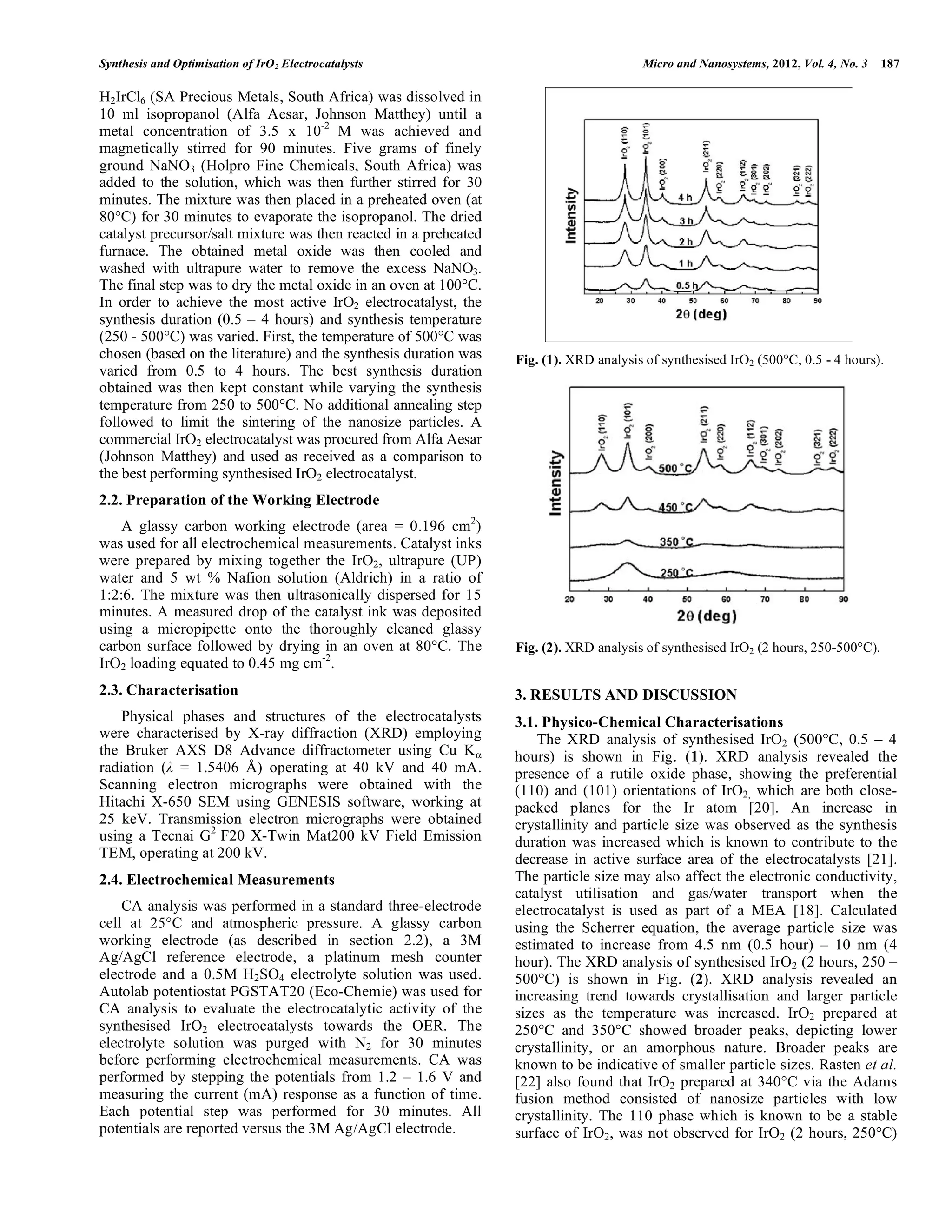 Synthesis and Optimisation of IrO2 Electrocatalysts Micro and Nanosystems, 2012, Vol. 4, No. 3 187
H2IrCl6 (SA Precious Metals, South Africa) was dissolved in
10 ml isopropanol (Alfa Aesar, Johnson Matthey) until a
metal concentration of 3.5 x 10-2
M was achieved and
magnetically stirred for 90 minutes. Five grams of finely
ground NaNO3 (Holpro Fine Chemicals, South Africa) was
added to the solution, which was then further stirred for 30
minutes. The mixture was then placed in a preheated oven (at
80°C) for 30 minutes to evaporate the isopropanol. The dried
catalyst precursor/salt mixture was then reacted in a preheated
furnace. The obtained metal oxide was then cooled and
washed with ultrapure water to remove the excess NaNO3.
The final step was to dry the metal oxide in an oven at 100°C.
In order to achieve the most active IrO2 electrocatalyst, the
synthesis duration (0.5 – 4 hours) and synthesis temperature
(250 - 500°C) was varied. First, the temperature of 500°C was
chosen (based on the literature) and the synthesis duration was
varied from 0.5 to 4 hours. The best synthesis duration
obtained was then kept constant while varying the synthesis
temperature from 250 to 500°C. No additional annealing step
followed to limit the sintering of the nanosize particles. A
commercial IrO2 electrocatalyst was procured from Alfa Aesar
(Johnson Matthey) and used as received as a comparison to
the best performing synthesised IrO2 electrocatalyst.
2.2. Preparation of the Working Electrode
A glassy carbon working electrode (area = 0.196 cm2
)
was used for all electrochemical measurements. Catalyst inks
were prepared by mixing together the IrO2, ultrapure (UP)
water and 5 wt % Nafion solution (Aldrich) in a ratio of
1:2:6. The mixture was then ultrasonically dispersed for 15
minutes. A measured drop of the catalyst ink was deposited
using a micropipette onto the thoroughly cleaned glassy
carbon surface followed by drying in an oven at 80°C. The
IrO2 loading equated to 0.45 mg cm-2
.
2.3. Characterisation
Physical phases and structures of the electrocatalysts
were characterised by X-ray diffraction (XRD) employing
the Bruker AXS D8 Advance diffractometer using Cu K
radiation ( = 1.5406 Å) operating at 40 kV and 40 mA.
Scanning electron micrographs were obtained with the
Hitachi X-650 SEM using GENESIS software, working at
25 keV. Transmission electron micrographs were obtained
using a Tecnai G2
F20 X-Twin Mat200 kV Field Emission
TEM, operating at 200 kV.
2.4. Electrochemical Measurements
CA analysis was performed in a standard three-electrode
cell at 25°C and atmospheric pressure. A glassy carbon
working electrode (as described in section 2.2), a 3M
Ag/AgCl reference electrode, a platinum mesh counter
electrode and a 0.5M H2SO4 electrolyte solution was used.
Autolab potentiostat PGSTAT20 (Eco-Chemie) was used for
CA analysis to evaluate the electrocatalytic activity of the
synthesised IrO2 electrocatalysts towards the OER. The
electrolyte solution was purged with N2 for 30 minutes
before performing electrochemical measurements. CA was
performed by stepping the potentials from 1.2 – 1.6 V and
measuring the current (mA) response as a function of time.
Each potential step was performed for 30 minutes. All
potentials are reported versus the 3M Ag/AgCl electrode.
3. RESULTS AND DISCUSSION
3.1. Physico-Chemical Characterisations
The XRD analysis of synthesised IrO2 (500°C, 0.5 – 4
hours) is shown in Fig. (1). XRD analysis revealed the
presence of a rutile oxide phase, showing the preferential
(110) and (101) orientations of IrO2, which are both close-
packed planes for the Ir atom [20]. An increase in
crystallinity and particle size was observed as the synthesis
duration was increased which is known to contribute to the
decrease in active surface area of the electrocatalysts [21].
The particle size may also affect the electronic conductivity,
catalyst utilisation and gas/water transport when the
electrocatalyst is used as part of a MEA [18]. Calculated
using the Scherrer equation, the average particle size was
estimated to increase from 4.5 nm (0.5 hour) – 10 nm (4
hour). The XRD analysis of synthesised IrO2 (2 hours, 250 –
500°C) is shown in Fig. (2). XRD analysis revealed an
increasing trend towards crystallisation and larger particle
sizes as the temperature was increased. IrO2 prepared at
250°C and 350°C showed broader peaks, depicting lower
crystallinity, or an amorphous nature. Broader peaks are
known to be indicative of smaller particle sizes. Rasten et al.
[22] also found that IrO2 prepared at 340°C via the Adams
fusion method consisted of nanosize particles with low
crystallinity. The 110 phase which is known to be a stable
surface of IrO2, was not observed for IrO2 (2 hours, 250°C)
Fig. (1). XRD analysis of synthesised IrO2 (500°C, 0.5 - 4 hours).
Fig. (2). XRD analysis of synthesised IrO2 (2 hours, 250-500°C).
 