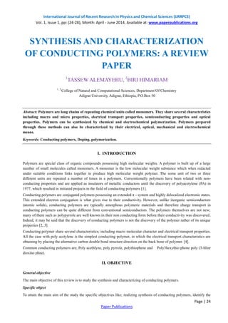 SYNTHESIS AND CHARACTERIZATION OF CONDUCTING POLYMERS: A REVIEW PAPER | PDF