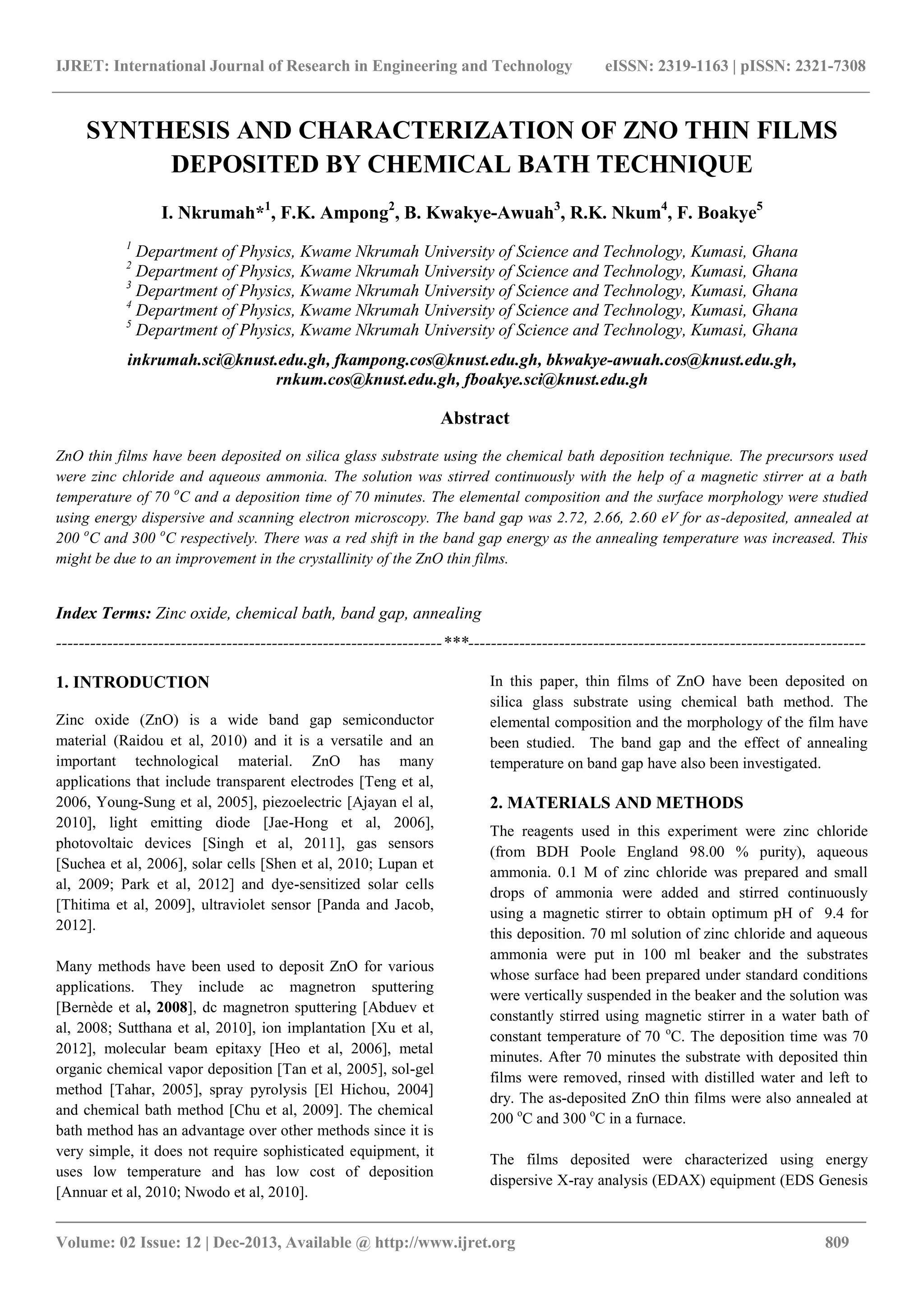 Synthesis and characterization of zno thin films deposited by chemical ...