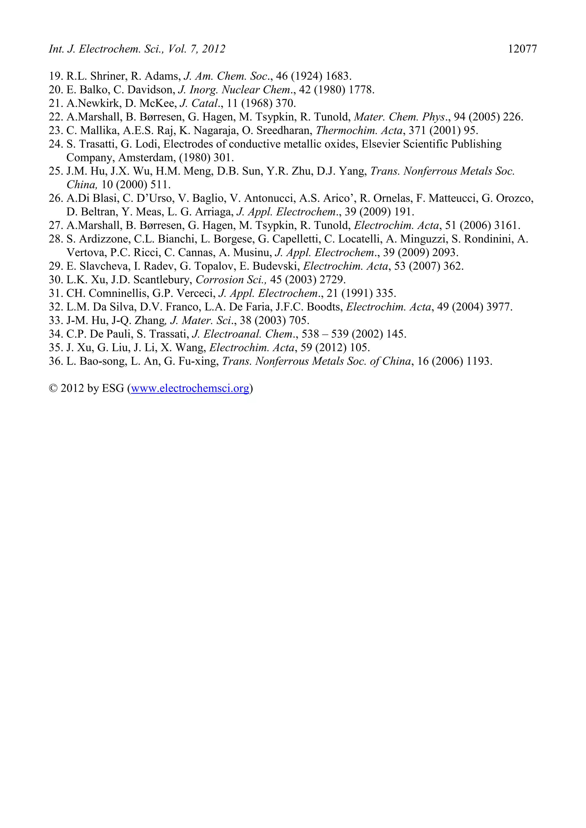 Int. J. Electrochem. Sci., Vol. 7, 2012                                                         12077

19. R.L. Shriner, R. Adams, J. Am. Chem. Soc., 46 (1924) 1683.
20. E. Balko, C. Davidson, J. Inorg. Nuclear Chem., 42 (1980) 1778.
21. A.Newkirk, D. McKee, J. Catal., 11 (1968) 370.
22. A.Marshall, B. Børresen, G. Hagen, M. Tsypkin, R. Tunold, Mater. Chem. Phys., 94 (2005) 226.
23. C. Mallika, A.E.S. Raj, K. Nagaraja, O. Sreedharan, Thermochim. Acta, 371 (2001) 95.
24. S. Trasatti, G. Lodi, Electrodes of conductive metallic oxides, Elsevier Scientific Publishing
    Company, Amsterdam, (1980) 301.
25. J.M. Hu, J.X. Wu, H.M. Meng, D.B. Sun, Y.R. Zhu, D.J. Yang, Trans. Nonferrous Metals Soc.
    China, 10 (2000) 511.
26. A.Di Blasi, C. D’Urso, V. Baglio, V. Antonucci, A.S. Arico’, R. Ornelas, F. Matteucci, G. Orozco,
    D. Beltran, Y. Meas, L. G. Arriaga, J. Appl. Electrochem., 39 (2009) 191.
27. A.Marshall, B. Børresen, G. Hagen, M. Tsypkin, R. Tunold, Electrochim. Acta, 51 (2006) 3161.
28. S. Ardizzone, C.L. Bianchi, L. Borgese, G. Capelletti, C. Locatelli, A. Minguzzi, S. Rondinini, A.
    Vertova, P.C. Ricci, C. Cannas, A. Musinu, J. Appl. Electrochem., 39 (2009) 2093.
29. E. Slavcheva, I. Radev, G. Topalov, E. Budevski, Electrochim. Acta, 53 (2007) 362.
30. L.K. Xu, J.D. Scantlebury, Corrosion Sci., 45 (2003) 2729.
31. CH. Comninellis, G.P. Verceci, J. Appl. Electrochem., 21 (1991) 335.
32. L.M. Da Silva, D.V. Franco, L.A. De Faria, J.F.C. Boodts, Electrochim. Acta, 49 (2004) 3977.
33. J-M. Hu, J-Q. Zhang, J. Mater. Sci., 38 (2003) 705.
34. C.P. De Pauli, S. Trassati, J. Electroanal. Chem., 538 – 539 (2002) 145.
35. J. Xu, G. Liu, J. Li, X. Wang, Electrochim. Acta, 59 (2012) 105.
36. L. Bao-song, L. An, G. Fu-xing, Trans. Nonferrous Metals Soc. of China, 16 (2006) 1193.

© 2012 by ESG (www.electrochemsci.org)
 