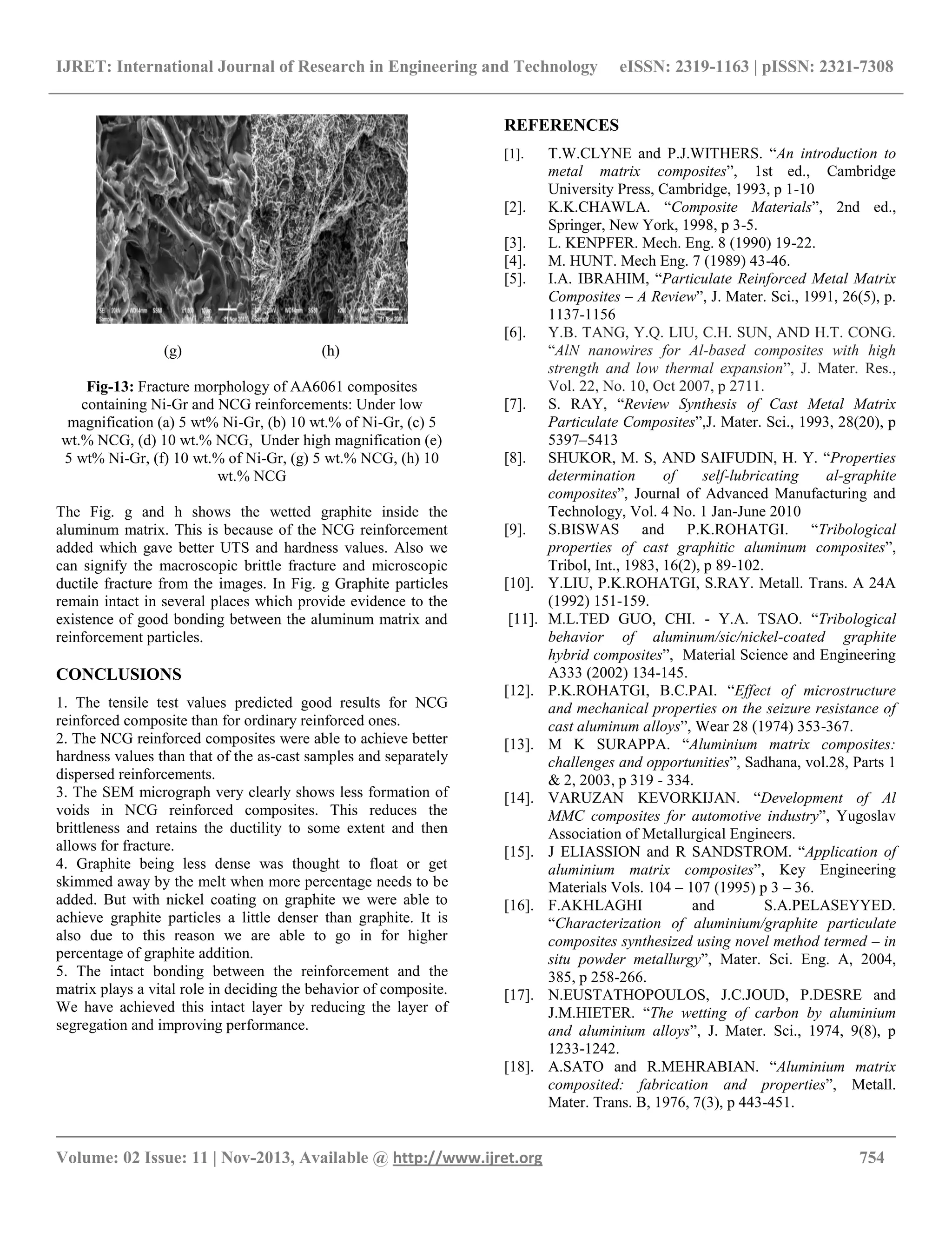 IJRET: International Journal of Research in Engineering and Technology eISSN: 2319-1163 | pISSN: 2321-7308
__________________________________________________________________________________________
Volume: 02 Issue: 11 | Nov-2013, Available @ http://www.ijret.org 754
(g) (h)
Fig-13: Fracture morphology of AA6061 composites
containing Ni-Gr and NCG reinforcements: Under low
magnification (a) 5 wt% Ni-Gr, (b) 10 wt.% of Ni-Gr, (c) 5
wt.% NCG, (d) 10 wt.% NCG, Under high magnification (e)
5 wt% Ni-Gr, (f) 10 wt.% of Ni-Gr, (g) 5 wt.% NCG, (h) 10
wt.% NCG
The Fig. g and h shows the wetted graphite inside the
aluminum matrix. This is because of the NCG reinforcement
added which gave better UTS and hardness values. Also we
can signify the macroscopic brittle fracture and microscopic
ductile fracture from the images. In Fig. g Graphite particles
remain intact in several places which provide evidence to the
existence of good bonding between the aluminum matrix and
reinforcement particles.
CONCLUSIONS
1. The tensile test values predicted good results for NCG
reinforced composite than for ordinary reinforced ones.
2. The NCG reinforced composites were able to achieve better
hardness values than that of the as-cast samples and separately
dispersed reinforcements.
3. The SEM micrograph very clearly shows less formation of
voids in NCG reinforced composites. This reduces the
brittleness and retains the ductility to some extent and then
allows for fracture.
4. Graphite being less dense was thought to float or get
skimmed away by the melt when more percentage needs to be
added. But with nickel coating on graphite we were able to
achieve graphite particles a little denser than graphite. It is
also due to this reason we are able to go in for higher
percentage of graphite addition.
5. The intact bonding between the reinforcement and the
matrix plays a vital role in deciding the behavior of composite.
We have achieved this intact layer by reducing the layer of
segregation and improving performance.
REFERENCES
[1]. T.W.CLYNE and P.J.WITHERS. “An introduction to
metal matrix composites”, 1st ed., Cambridge
University Press, Cambridge, 1993, p 1-10
[2]. K.K.CHAWLA. “Composite Materials”, 2nd ed.,
Springer, New York, 1998, p 3-5.
[3]. L. KENPFER. Mech. Eng. 8 (1990) 19-22.
[4]. M. HUNT. Mech Eng. 7 (1989) 43-46.
[5]. I.A. IBRAHIM, “Particulate Reinforced Metal Matrix
Composites – A Review”, J. Mater. Sci., 1991, 26(5), p.
1137-1156
[6]. Y.B. TANG, Y.Q. LIU, C.H. SUN, AND H.T. CONG.
“AlN nanowires for Al-based composites with high
strength and low thermal expansion”, J. Mater. Res.,
Vol. 22, No. 10, Oct 2007, p 2711.
[7]. S. RAY, “Review Synthesis of Cast Metal Matrix
Particulate Composites”,J. Mater. Sci., 1993, 28(20), p
5397–5413
[8]. SHUKOR, M. S, AND SAIFUDIN, H. Y. “Properties
determination of self-lubricating al-graphite
composites”, Journal of Advanced Manufacturing and
Technology, Vol. 4 No. 1 Jan-June 2010
[9]. S.BISWAS and P.K.ROHATGI. “Tribological
properties of cast graphitic aluminum composites”,
Tribol, Int., 1983, 16(2), p 89-102.
[10]. Y.LIU, P.K.ROHATGI, S.RAY. Metall. Trans. A 24A
(1992) 151-159.
[11]. M.L.TED GUO, CHI. - Y.A. TSAO. “Tribological
behavior of aluminum/sic/nickel-coated graphite
hybrid composites”, Material Science and Engineering
A333 (2002) 134-145.
[12]. P.K.ROHATGI, B.C.PAI. “Effect of microstructure
and mechanical properties on the seizure resistance of
cast aluminum alloys”, Wear 28 (1974) 353-367.
[13]. M K SURAPPA. “Aluminium matrix composites:
challenges and opportunities”, Sadhana, vol.28, Parts 1
& 2, 2003, p 319 - 334.
[14]. VARUZAN KEVORKIJAN. “Development of Al
MMC composites for automotive industry”, Yugoslav
Association of Metallurgical Engineers.
[15]. J ELIASSION and R SANDSTROM. “Application of
aluminium matrix composites”, Key Engineering
Materials Vols. 104 – 107 (1995) p 3 – 36.
[16]. F.AKHLAGHI and S.A.PELASEYYED.
“Characterization of aluminium/graphite particulate
composites synthesized using novel method termed – in
situ powder metallurgy”, Mater. Sci. Eng. A, 2004,
385, p 258-266.
[17]. N.EUSTATHOPOULOS, J.C.JOUD, P.DESRE and
J.M.HIETER. “The wetting of carbon by aluminium
and aluminium alloys”, J. Mater. Sci., 1974, 9(8), p
1233-1242.
[18]. A.SATO and R.MEHRABIAN. “Aluminium matrix
composited: fabrication and properties”, Metall.
Mater. Trans. B, 1976, 7(3), p 443-451.
 