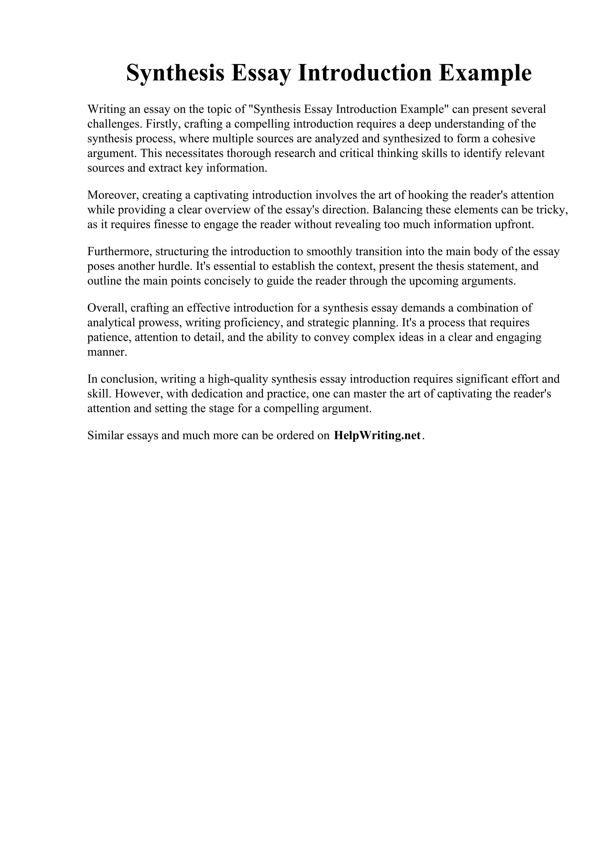 Synthesis Essay Introduction Example | PDF