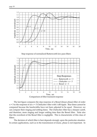 page 30


                               1.2
                               1.1
                               1.0
      Amplitude (normalized)

                               0.9
                               0.8
                               0.7
                               0.6               n=3
                                                           n=7
                               0.5
                                                                 n = 10
                               0.4
                               0.3
                               0.2
                               0.1
                               0.0

                                     0      2          4    6       8        10       12      14     16     18   20
                                                                          Time, sec

                                         Step response of normalized Butterworth low-pass filters

                               1.2
                               1.1
                               1.0
      Amplitude (normalized)




                               0.9
                               0.8
                               0.7
                               0.6
                               0.5                                                         Step Responses
                               0.4
                                                                                            Butterworth n = 3
                               0.3
                                                                                            Chebyshev n = 3
                               0.2
                                                                                            Bessel n = 3
                               0.1
                               0.0

                                     0       2         4    6       8        10       12      14     16     18   20
                                                                     Time, sec
                                                  Comparison of filter transient response

       The last figure compares the step response of a Bessel (linear phase) filter of order
n = 3 to the response of an n = 3 Chebyshev filter with 1-dB ripple. Rise times cannot be
compared because the bandwidths have not been adjusted to be equal. However, we
can compare their ringing and settling times. The Chebyshev filter has a sharper cutoff,
and therefore, more ringing and longer settling time than the Bessel filter. Note also
that the overshoot of the Bessel filter is negligible. This is characteristic of this class of
filters.
       The decision of which filter is best depends strongly upon the particular situation.
In certain applications, such as in the transmission of music, phase is not important. In
 