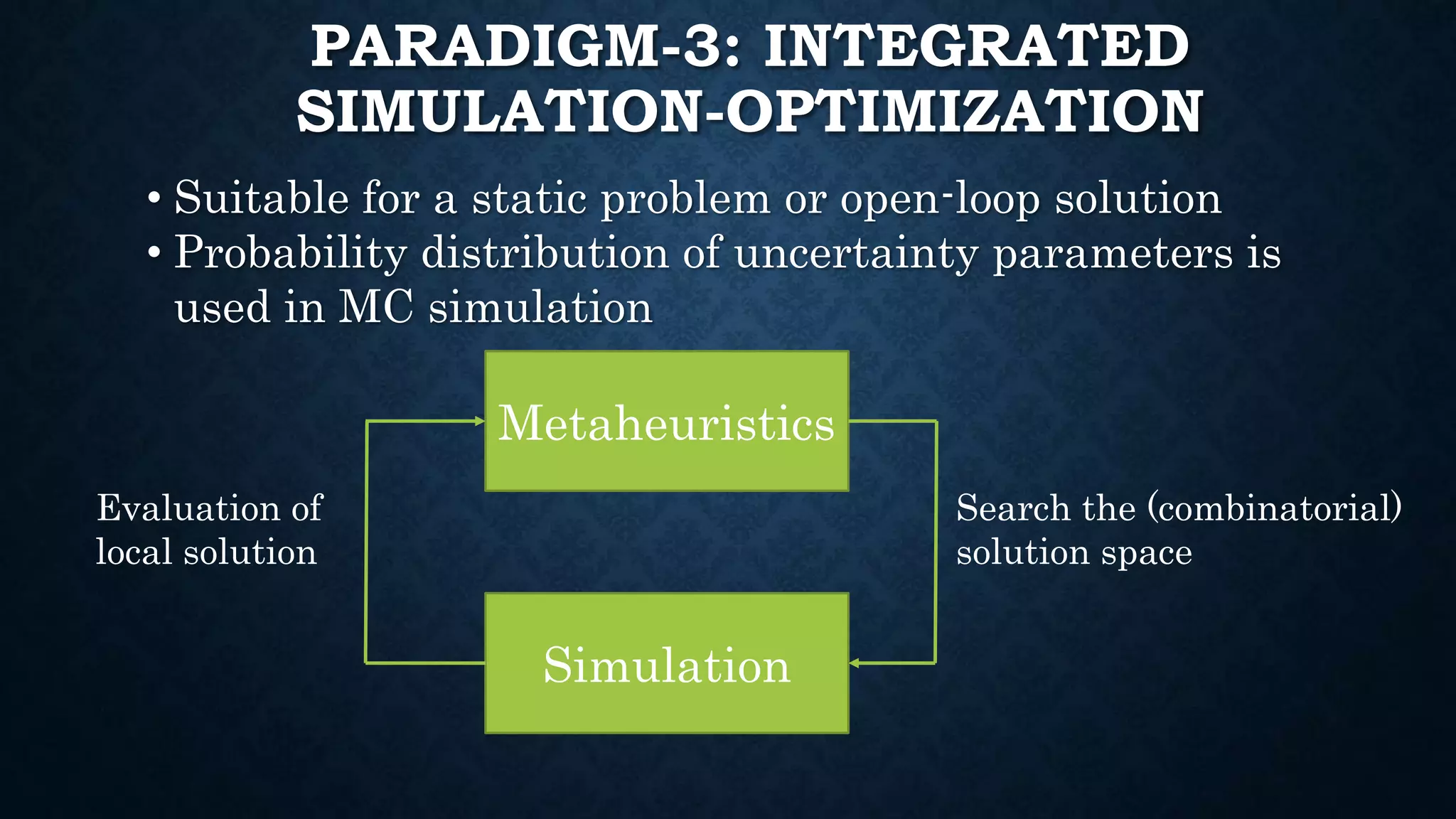 PARADIGM-3: INTEGRATED
SIMULATION-OPTIMIZATION
• Suitable for a static problem or open-loop solution
• Probability distribution of uncertainty parameters is
used in MC simulation
Metaheuristics
Simulation
Search the (combinatorial)
solution space
Evaluation of
local solution
 