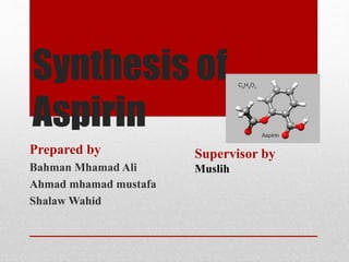 Synthesis of
Aspirin
Prepared by
Bahman Mhamad Ali
Ahmad mhamad mustafa
Shalaw Wahid
Supervisor by
Muslih
 