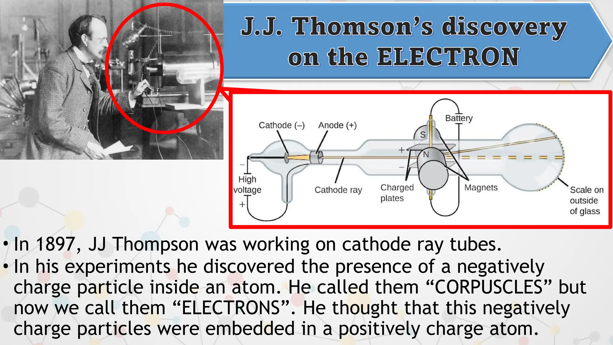 • In 1897, JJ Thompson was working on cathode ray tubes.
• In his experiments he discovered the presence of a negatively
charge particle inside an atom. He called them “CORPUSCLES” but
now we call them “ELECTRONS”. He thought that this negatively
charge particles were embedded in a positively charge atom.
 