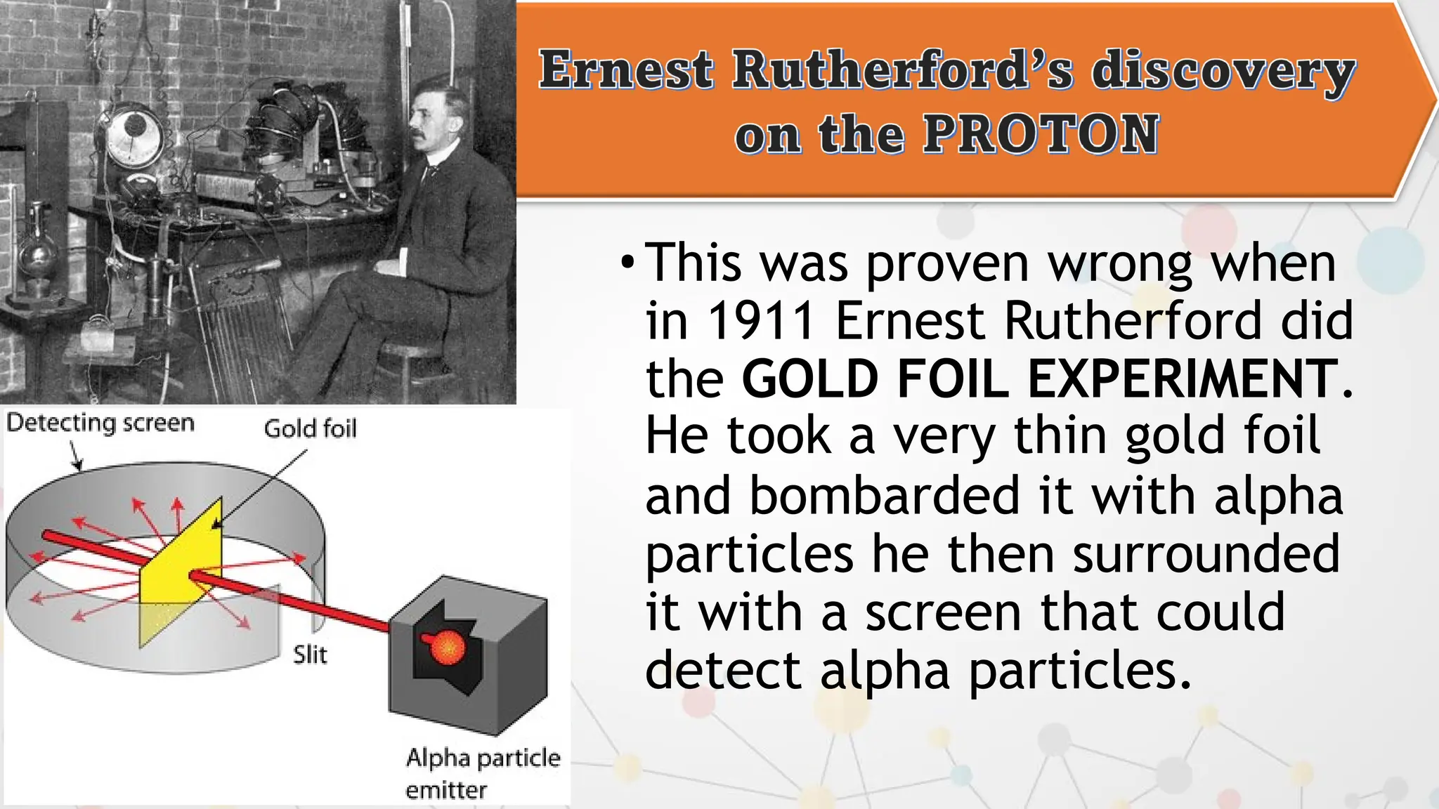 •This was proven wrong when
in 1911 Ernest Rutherford did
the GOLD FOIL EXPERIMENT.
He took a very thin gold foil
and bombarded it with alpha
particles he then surrounded
it with a screen that could
detect alpha particles.
 