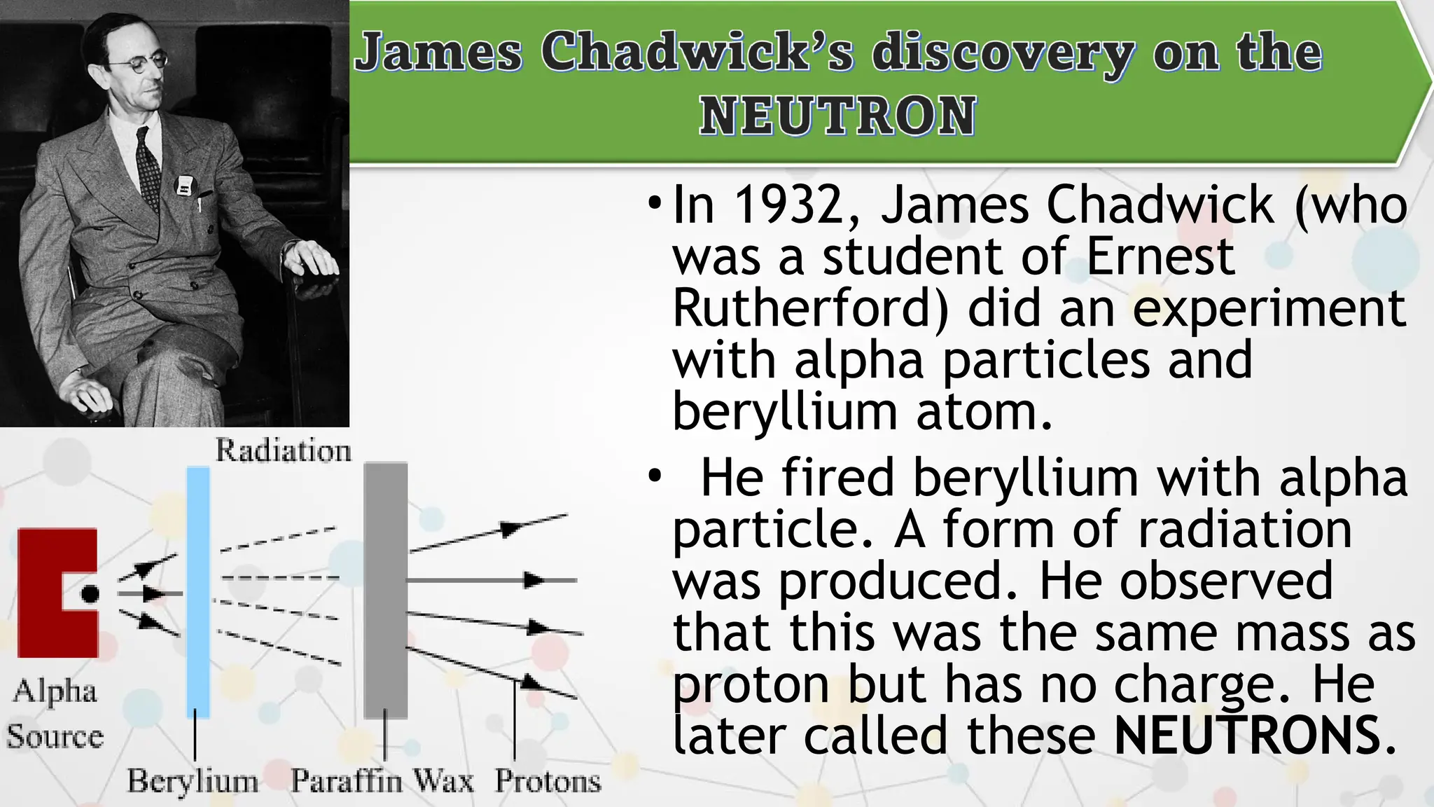 •In 1932, James Chadwick (who
was a student of Ernest
Rutherford) did an experiment
with alpha particles and
beryllium atom.
• He fired beryllium with alpha
particle. A form of radiation
was produced. He observed
that this was the same mass as
proton but has no charge. He
later called these NEUTRONS.
 