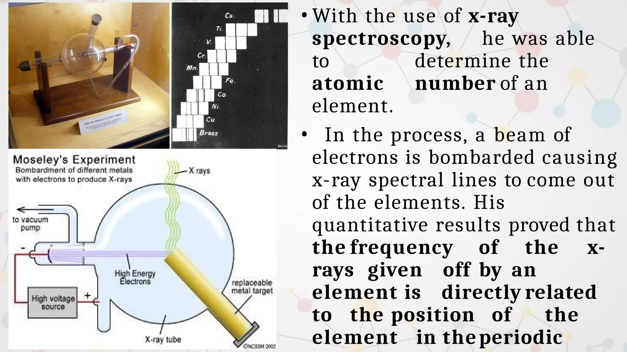 • With the use of x-ray
spectroscopy, he was able
to determine the
atomic number of an
element.
• In the process, a beam of
electrons is bombarded causing
x-ray spectral lines to come out
of the elements. His
quantitative results proved that
the frequency of the x-
rays given off by an
element is directly related
to the position of the
element in theperiodic
 