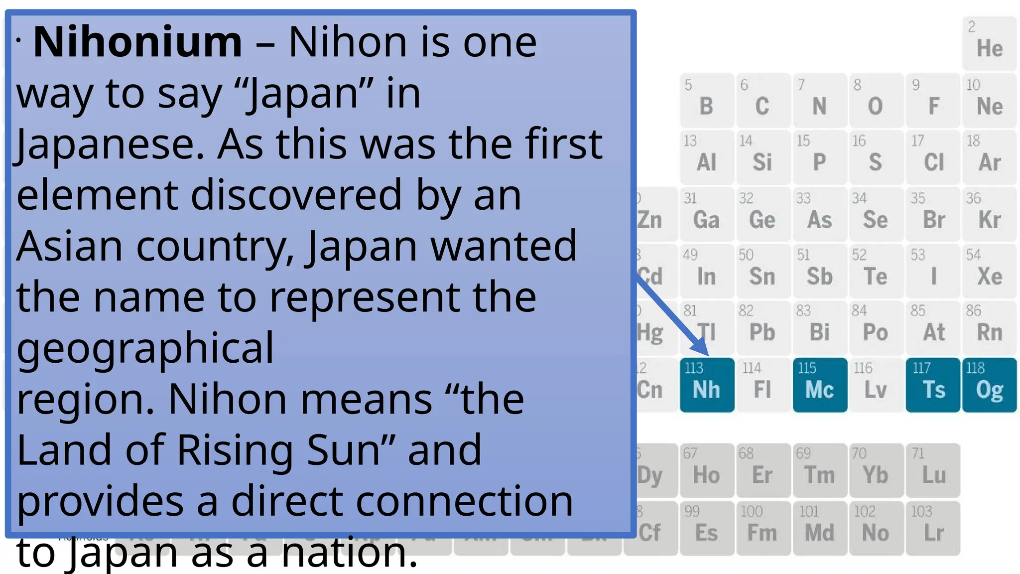 •
Nihonium – Nihon is one
way to say “Japan” in
Japanese. As this was the first
element discovered by an
Asian country, Japan wanted
the name to represent the
geographical
region. Nihon means “the
Land of Rising Sun” and
provides a direct connection
to Japan as a nation.
 
