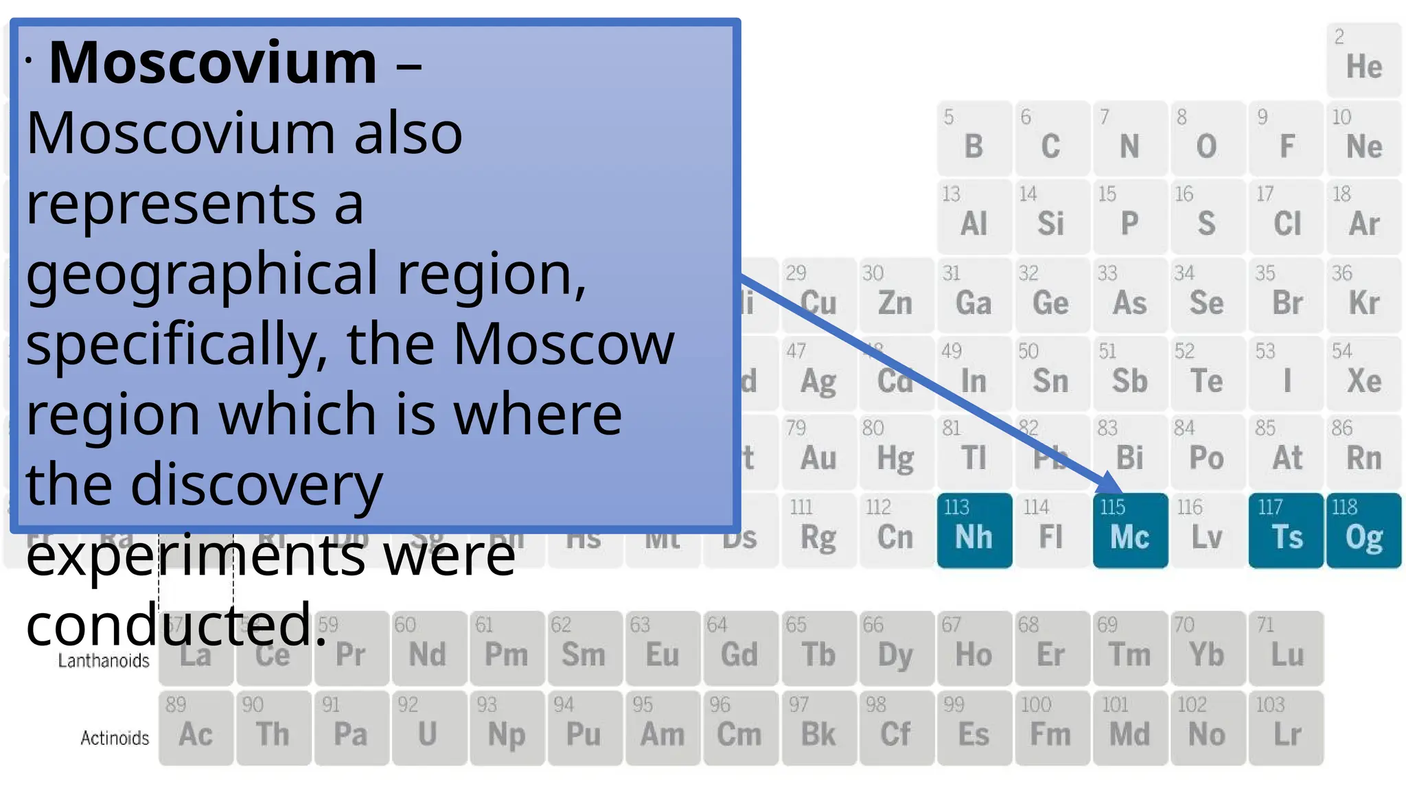 •
Moscovium –
Moscovium also
represents a
geographical region,
specifically, the Moscow
region which is where
the discovery
experiments were
conducted.
 