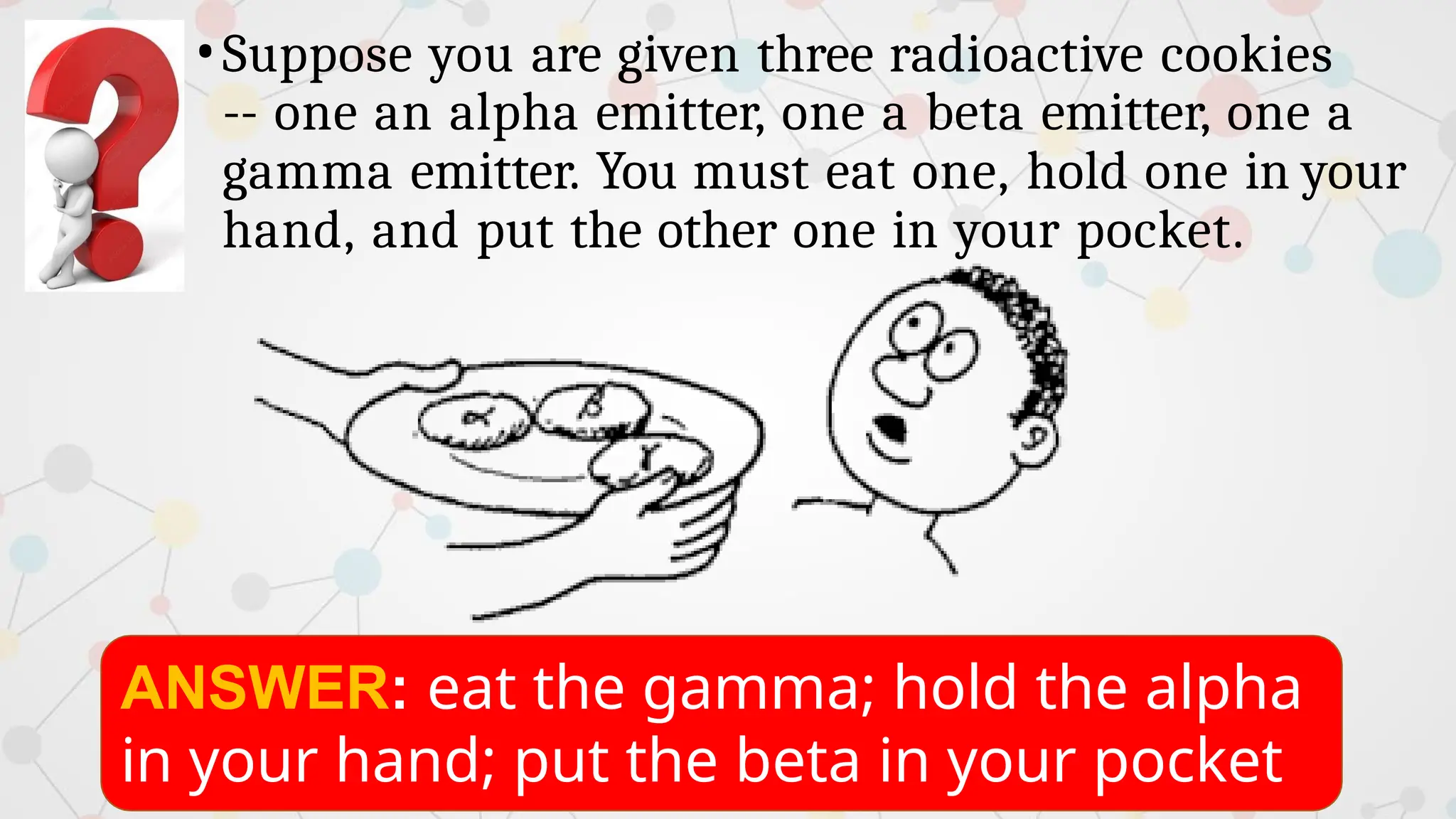 •Suppose you are given three radioactive cookies
-- one an alpha emitter, one a beta emitter, one a
gamma emitter. You must eat one, hold one in your
hand, and put the other one in your pocket.
ANSWER: eat the gamma; hold the alpha
in your hand; put the beta in your pocket
 