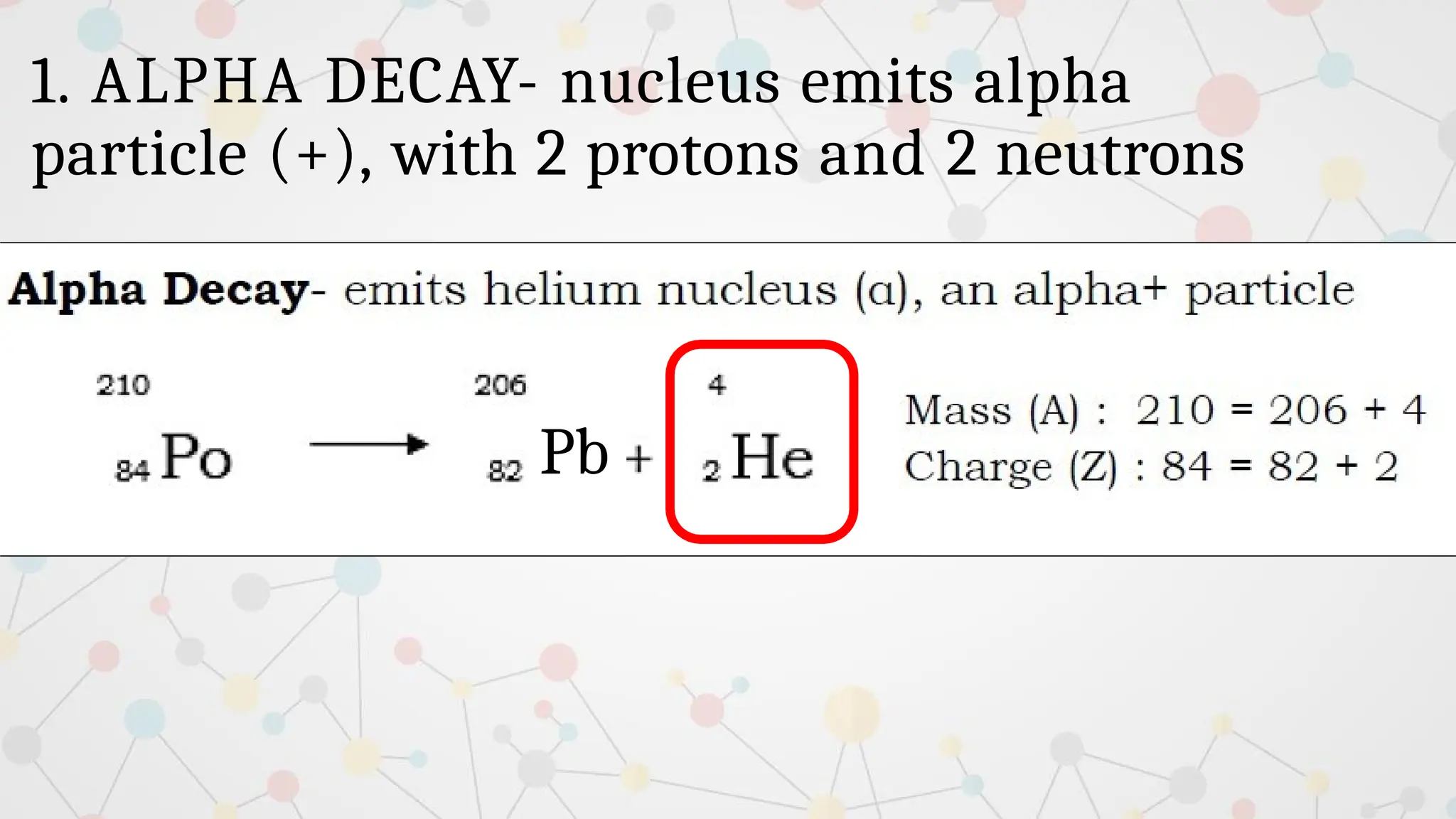 1. ALPHA DECAY- nucleus emits alpha
particle (+), with 2 protons and 2 neutrons
Pb
 