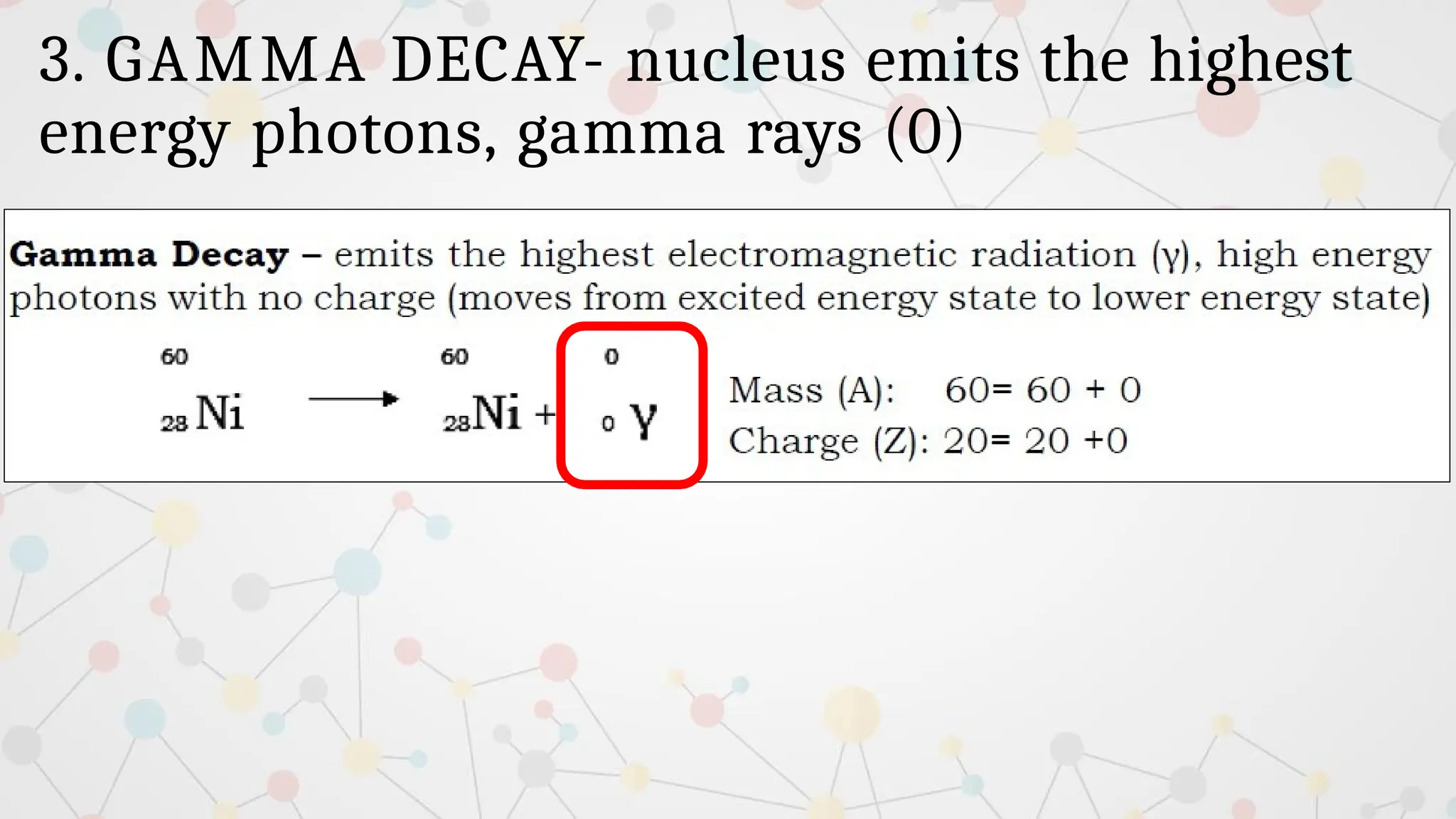 3. GAMMA DECAY- nucleus emits the highest
energy photons, gamma rays (0)
 
