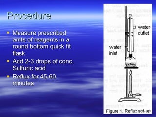 Procedure Measure prescribed amts of reagents in a round bottom quick fit flask Add 2-3 drops of conc. Sulfuric acid Reflux for 45-60 minutes 