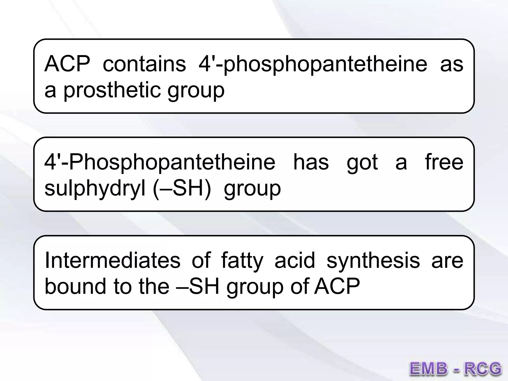ACP contains 4'-phosphopantetheine as
a prosthetic group
4'-Phosphopantetheine has got a free
sulphydryl (–SH) group
Intermediates of fatty acid synthesis are
bound to the –SH group of ACP
 