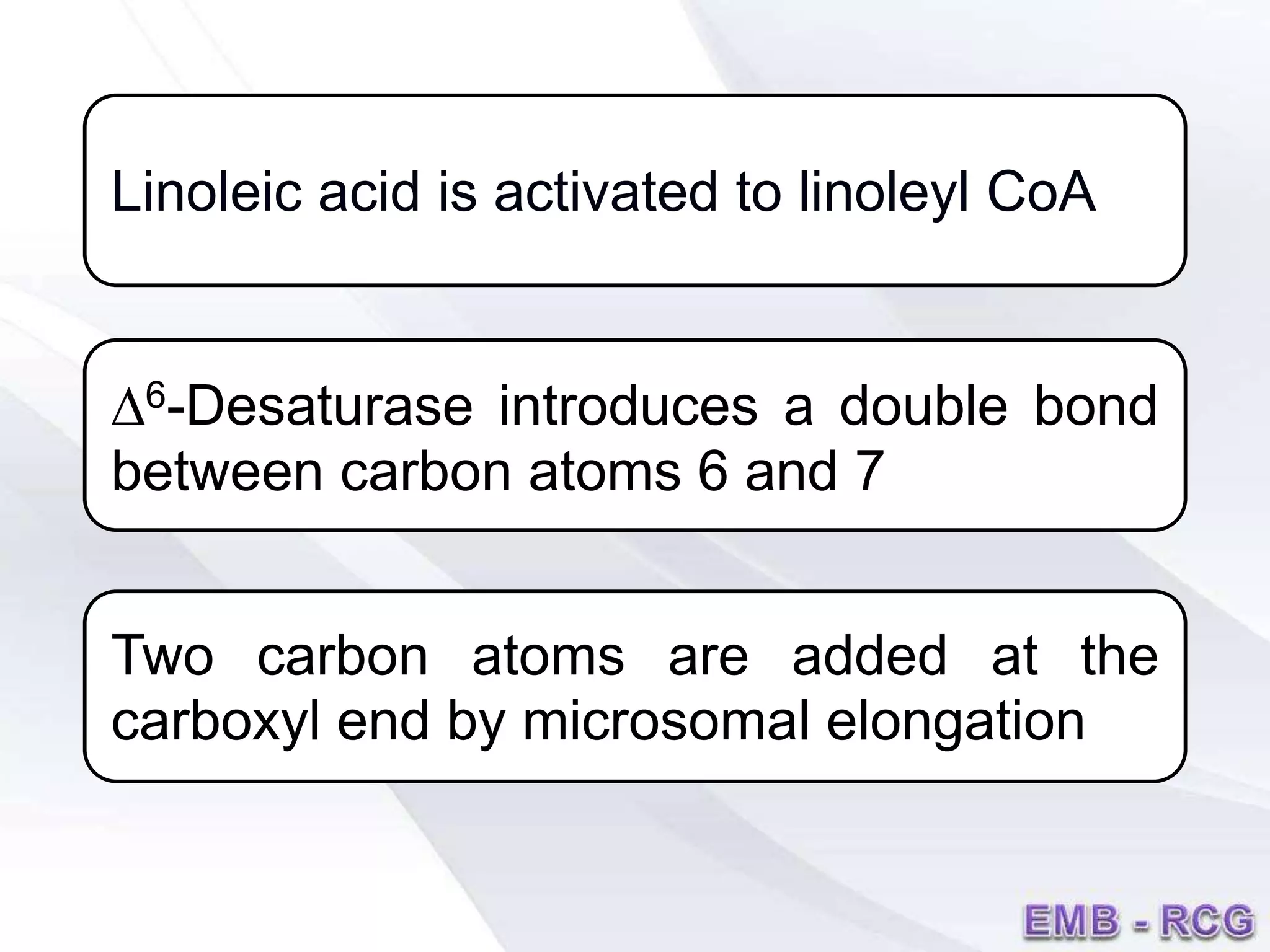 Linoleic acid is activated to linoleyl CoA
D6-Desaturase introduces a double bond
between carbon atoms 6 and 7
Two carbon atoms are added at the
carboxyl end by microsomal elongation
 