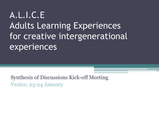 A.L.I.C.E
Adults Learning Experiences
for creative intergenerational
experiences


Synthesis of Discussions Kick-off Meeting
Venice, 23-24 January
 