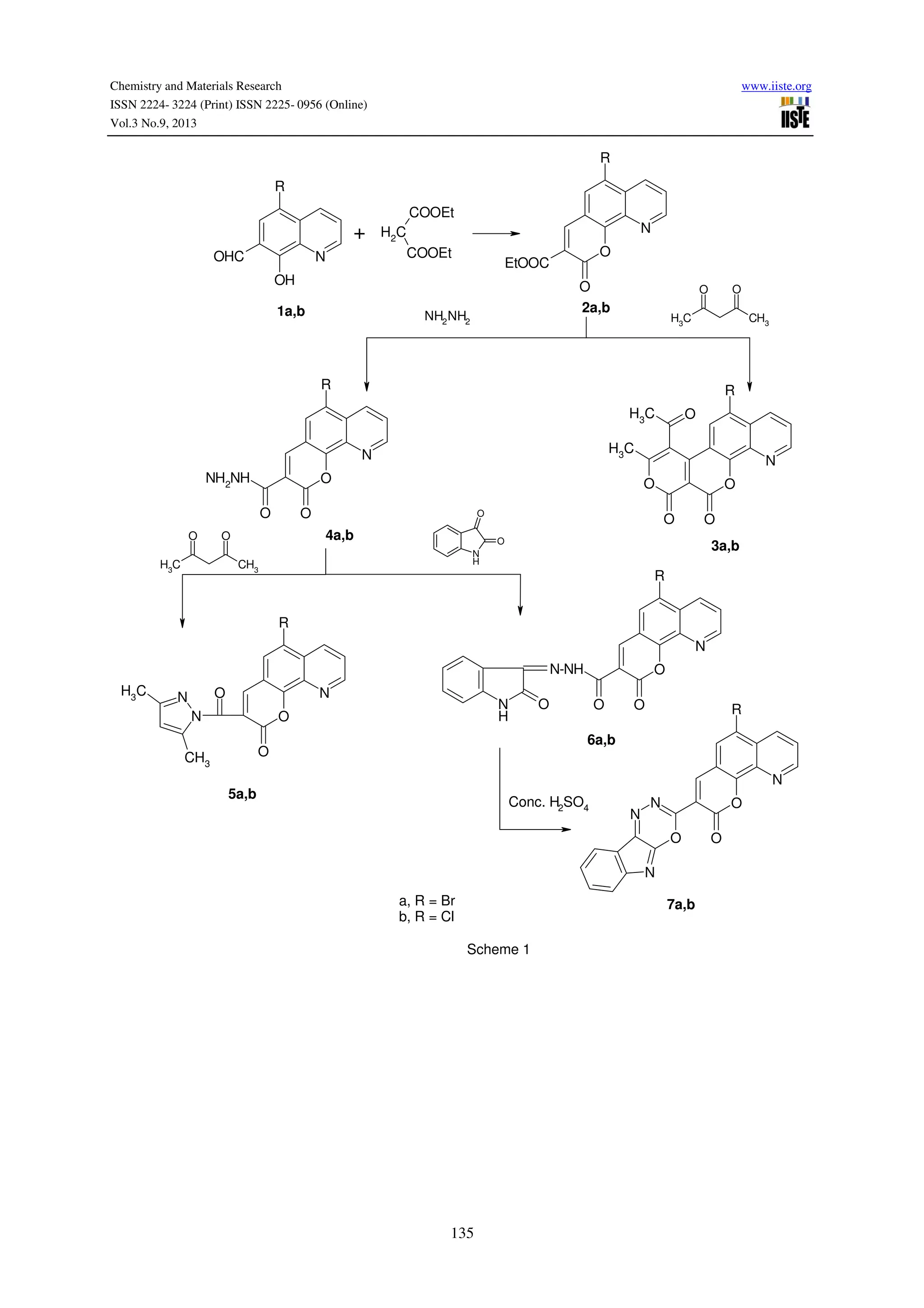 Chemistry and Materials Research www.iiste.org
ISSN 2224- 3224 (Print) ISSN 2225- 0956 (Online)
Vol.3 No.9, 2013
135
N
OH
R
OHC
CH2
COOEt
COOEt
N
R
O
O
EtOOC
N
R
O
O
NH2
NH
O
N
H
O
O
N
R
O
O
N-NH
ON
H
O
N
N
R
O
O
N
N
O
N
R
O
O
O
N
NCH3
CH3
N
R
O
O
O
O
CH3
OCH3
CH3
CH3
OO
CH3
CH3
OO
+
4a,b
3a,b
5a,b
6a,b
7a,b
Conc. H2SO4
NH2NH2
1a,b 2a,b
a, R = Br
b, R = Cl
Scheme 1
 