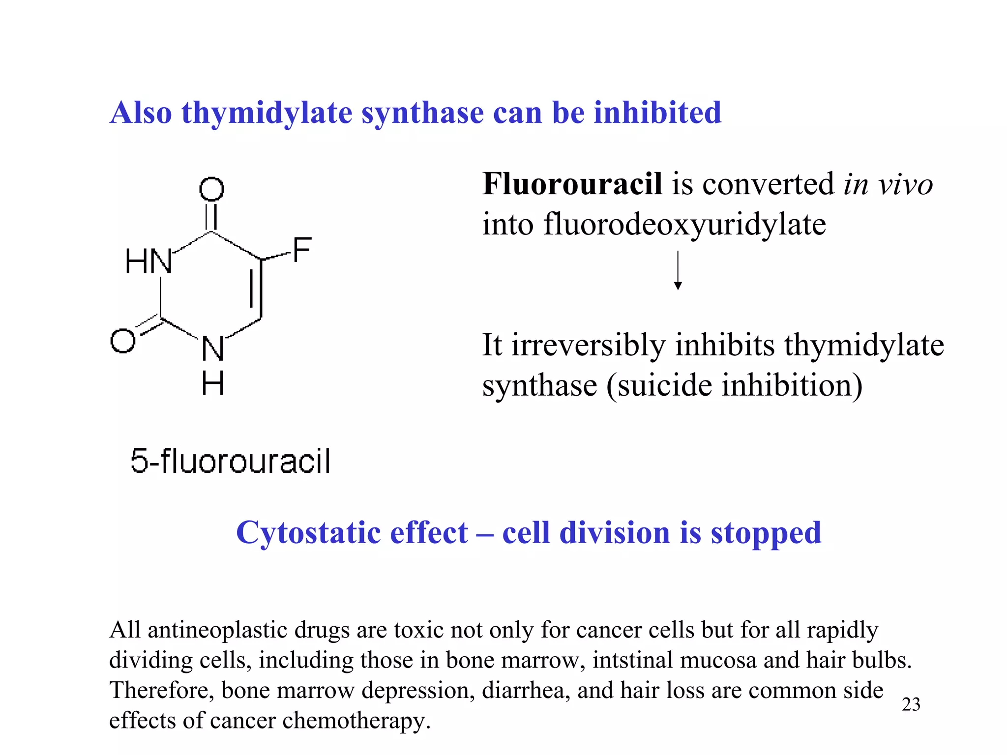 Also thymidylate synthase can be inhibited Cytostatic effect – cell division is stopped Fluorouracil  is converted  in vivo  into   fluorodeoxyuridylate It irreversibly inhibits thymidylate synthase (suicide inhibition) All antineoplastic drugs are toxic not only for cancer cells but for all rapidly dividing cells, including those in bone marrow, intstinal mucosa and hair bulbs. Therefore, bone marrow depression, diarrhea, and hair loss are common side effects of cancer chemotherapy. 