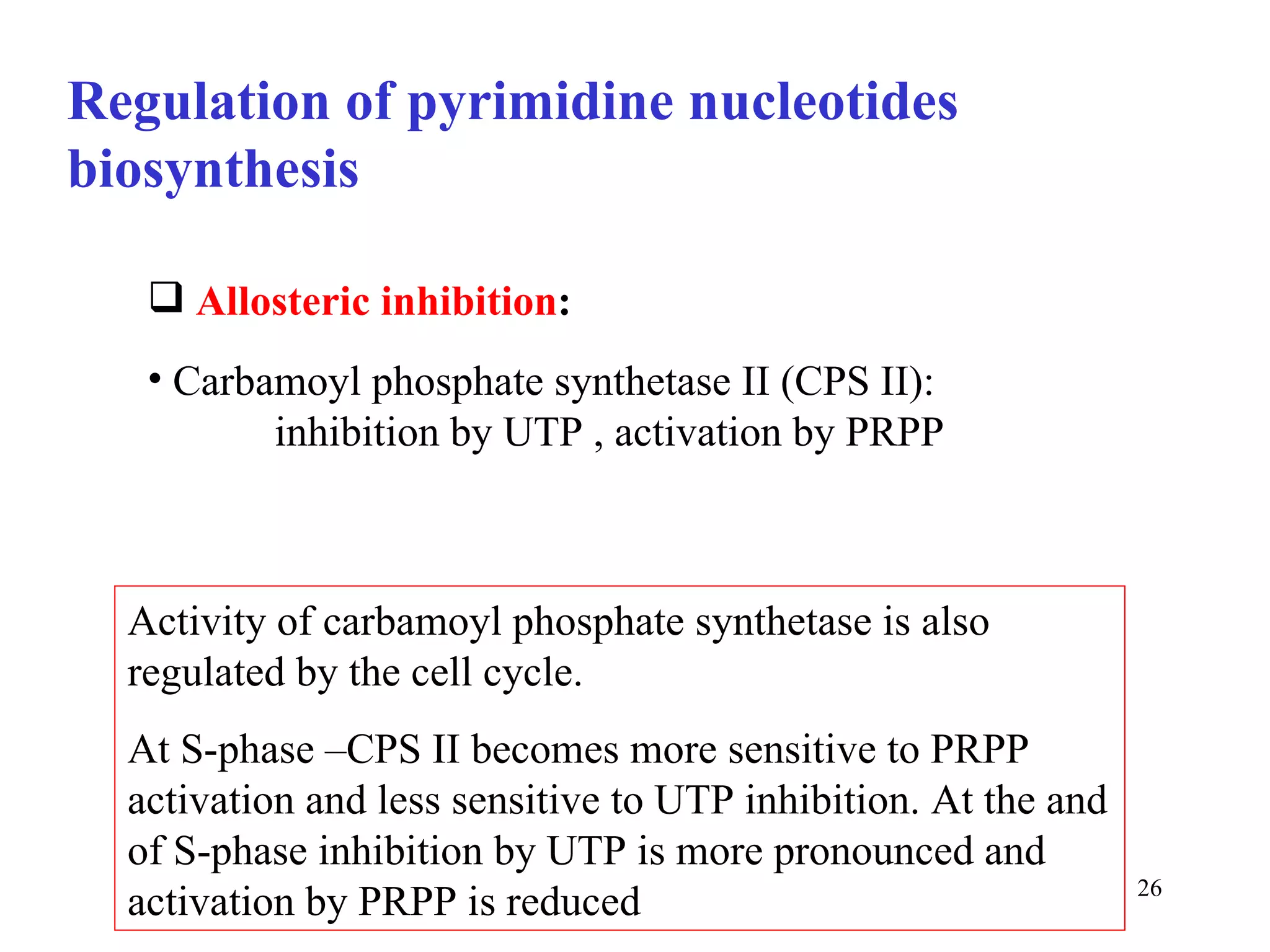 Regulation of pyrimidine nucleotides biosynthesis Carbamoyl phosphate synthetase II (CPS II):  inhibition by UTP , activation by PRPP  Allosteric inhibition : Activity of carbamoyl phosphate synthetase is also regulated by the cell cycle. At S-phase –CPS II becomes more sensitive to PRPP activation and less sensitive to UTP inhibition. At the and of S-phase inhibition by UTP is more pronounced and activation by PRPP is reduced  