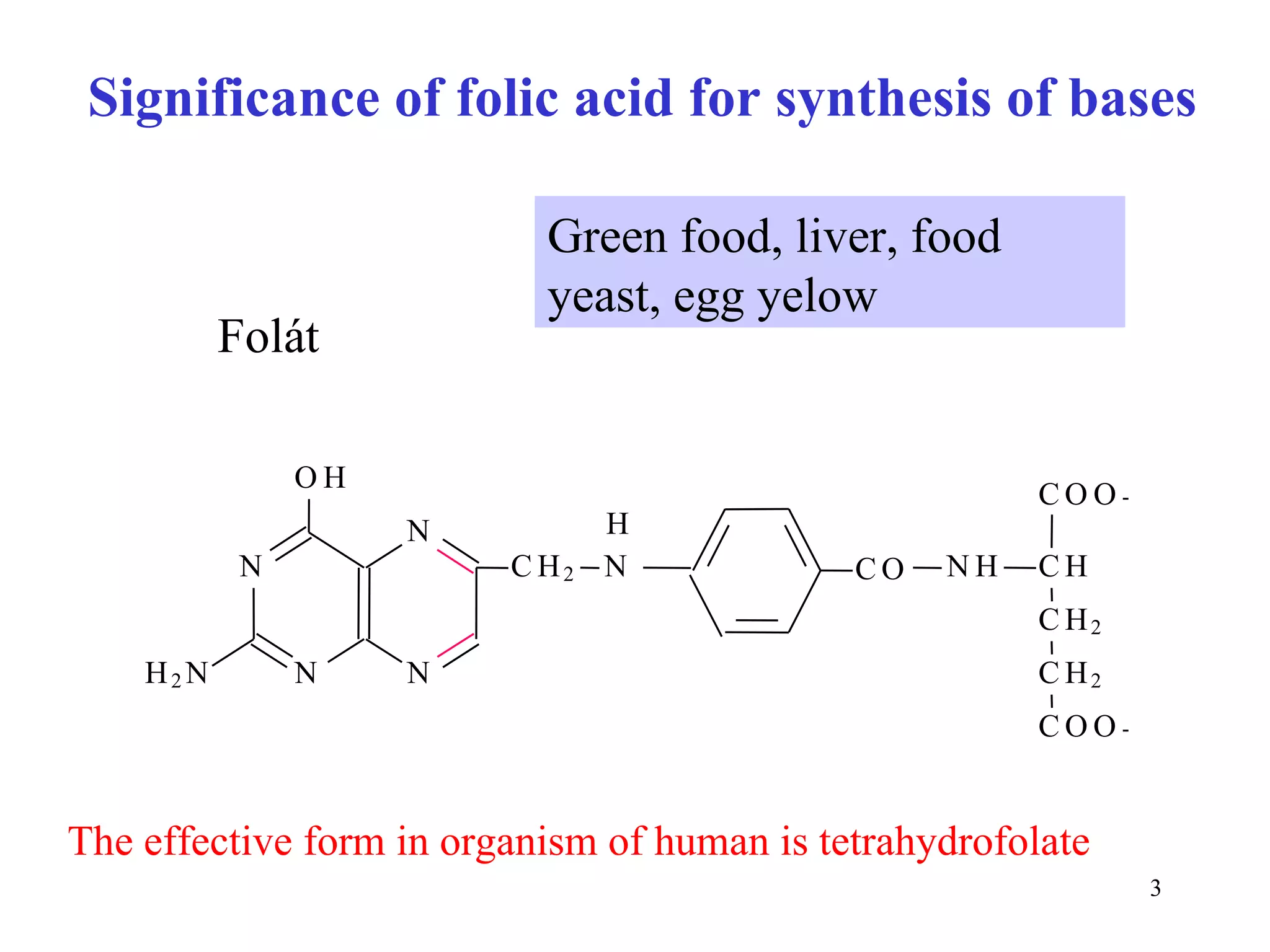 Significance of folic acid for synthesis of bases Folát Green food, liver, food yeast, egg yelow The effective form in organism of human is tetrahydrofolate N N O H N N C H 2 N H 2 N C O N H C H C H 2 C H 2 C O O - C O O - H 