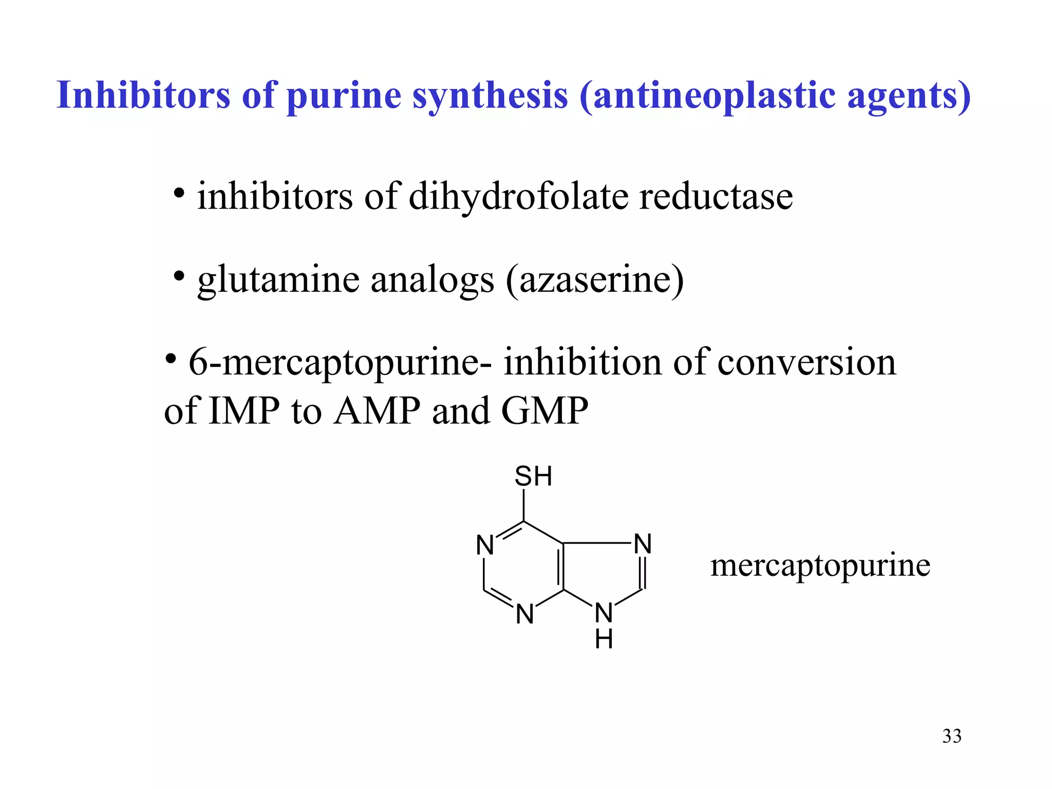 Inhibitors of purine synthesis (antineoplastic agents) inhibitors of dihydrofolate reductase glutamine analogs (azaserine) 6-mercaptopurine- inhibition of conversion of IMP to AMP and GMP mercaptopurine 