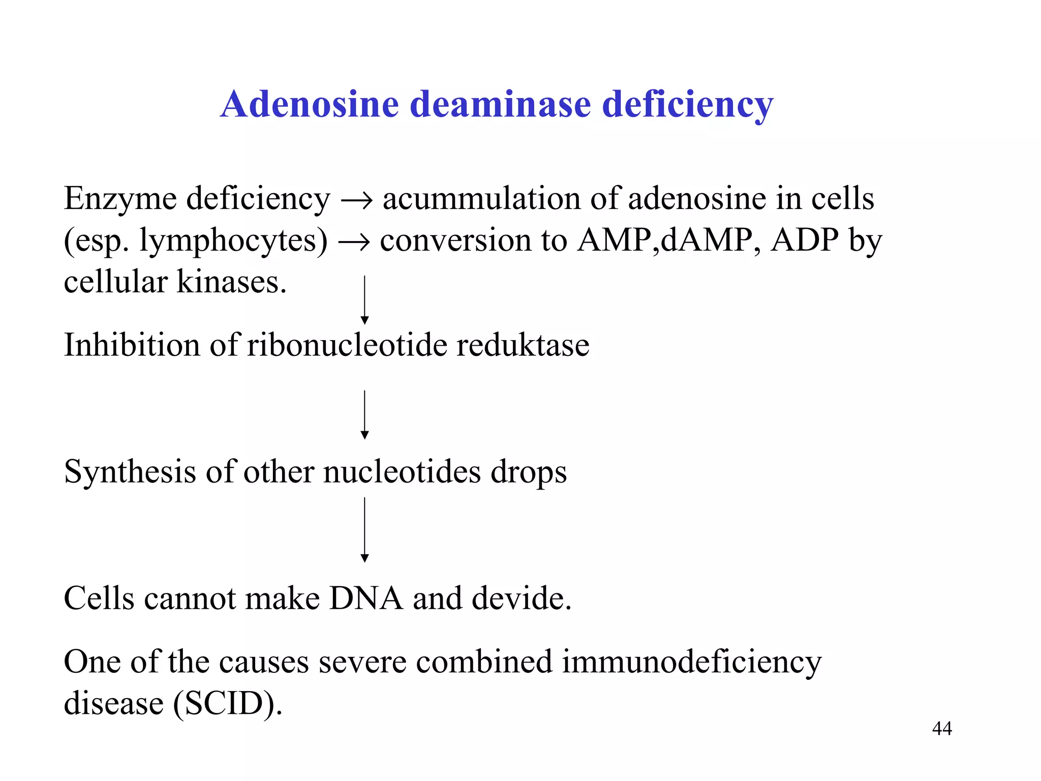 Adenosine deaminase deficiency Enzyme deficiency    acummulation of adenosine in cells (esp. lymphocytes)    conversion to AMP,dAMP, ADP by cellular kinases. Inhibition of ribonucleotide reduktase Synthesis of other nucleotides drops Cells cannot make DNA and devide. One of the causes severe combined immunodeficiency disease (SCID).  