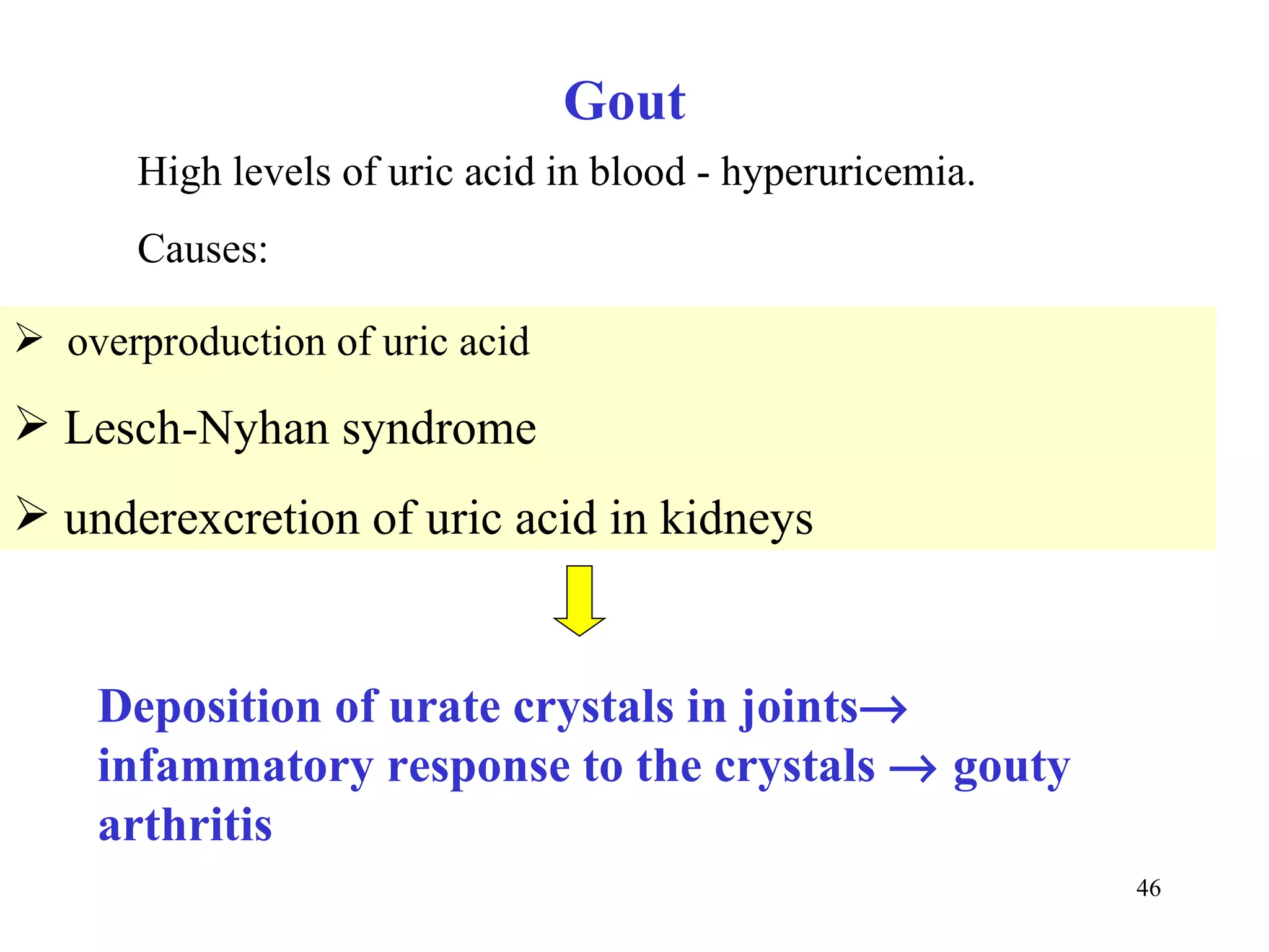 overproduction of uric acid  Lesch-Nyhan syndrome underexcretion of uric acid in kidneys  Deposition of urate crystals in joints   infammatory response to the crystals    gouty arthritis Gout High levels of uric acid in blood - hyperuricemia. Causes: 