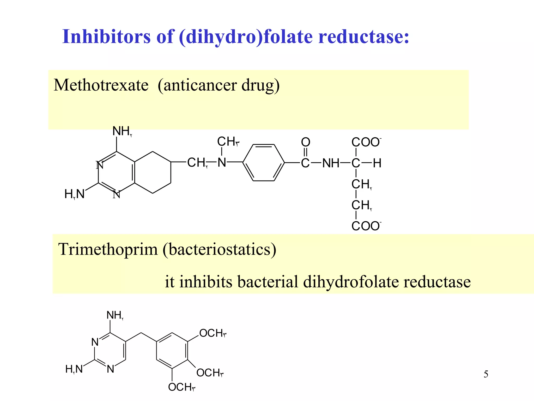 Methotrexate  (anticancer drug) Inhibitors of (dihydro)folate reductase: Trimethoprim (bacteriostatics)  it inhibits bacterial dihydrofolate reductase N N 