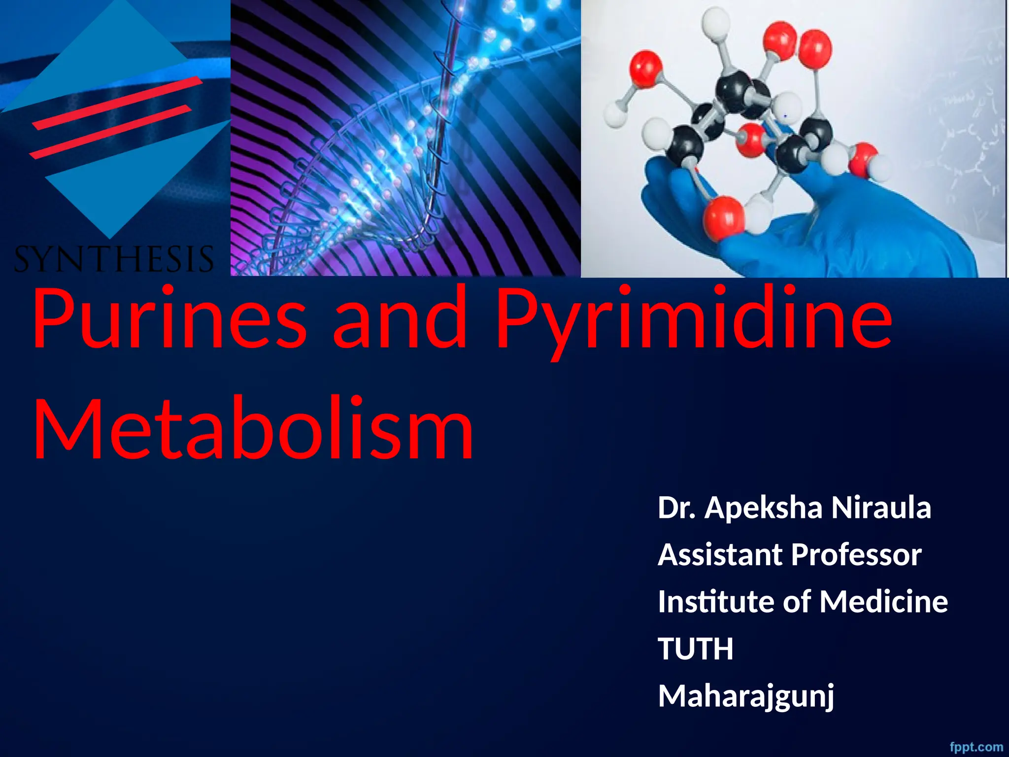 Purines and Pyrimidine
Metabolism
Dr. Apeksha Niraula
Assistant Professor
Institute of Medicine
TUTH
Maharajgunj
 