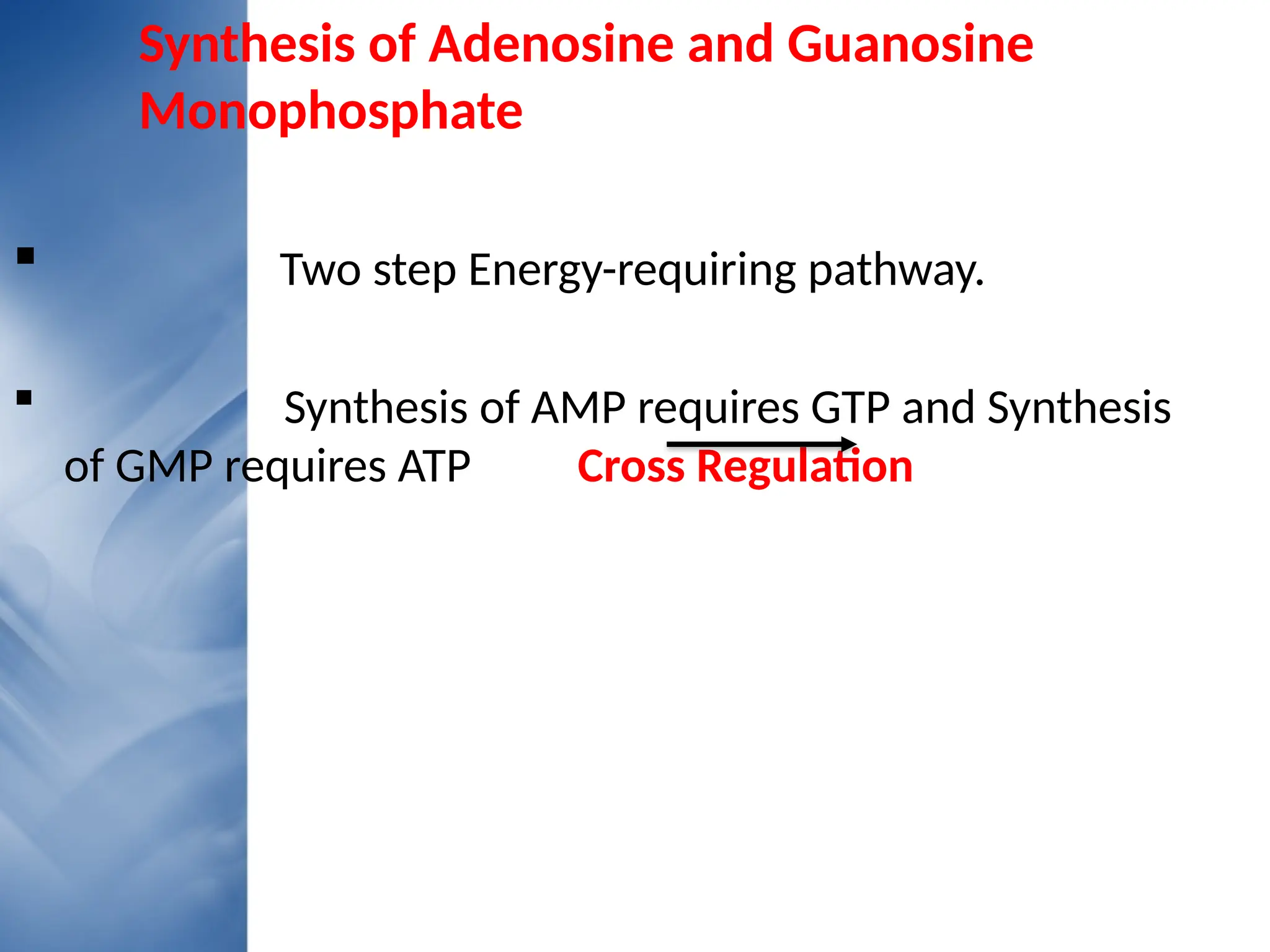 Synthesis of Adenosine and Guanosine
Monophosphate
 Two step Energy-requiring pathway.
 Synthesis of AMP requires GTP and Synthesis
of GMP requires ATP Cross Regulation
 