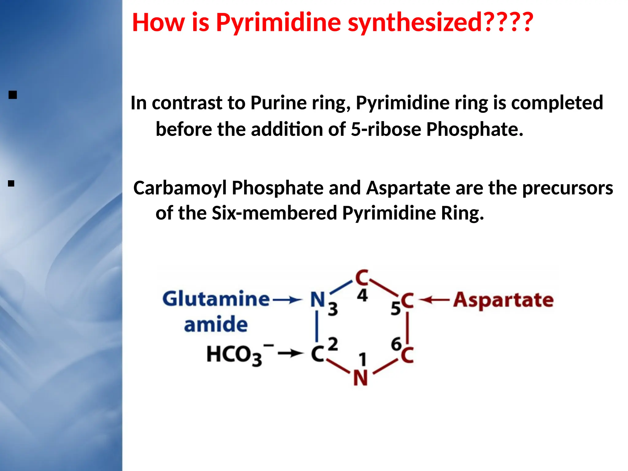 How is Pyrimidine synthesized????
 In contrast to Purine ring, Pyrimidine ring is completed
before the addition of 5-ribose Phosphate.
 Carbamoyl Phosphate and Aspartate are the precursors
of the Six-membered Pyrimidine Ring.
 