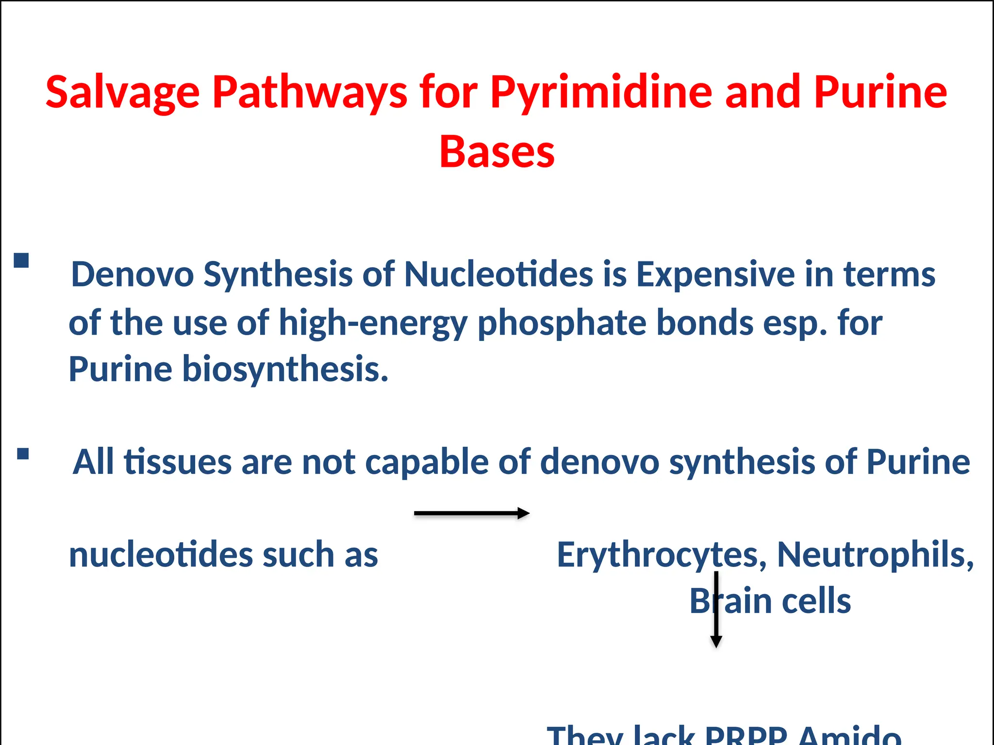 Salvage Pathways for Pyrimidine and Purine
Bases
 Denovo Synthesis of Nucleotides is Expensive in terms
of the use of high-energy phosphate bonds esp. for
Purine biosynthesis.
 All tissues are not capable of denovo synthesis of Purine
nucleotides such as Erythrocytes, Neutrophils,
Brain cells
 