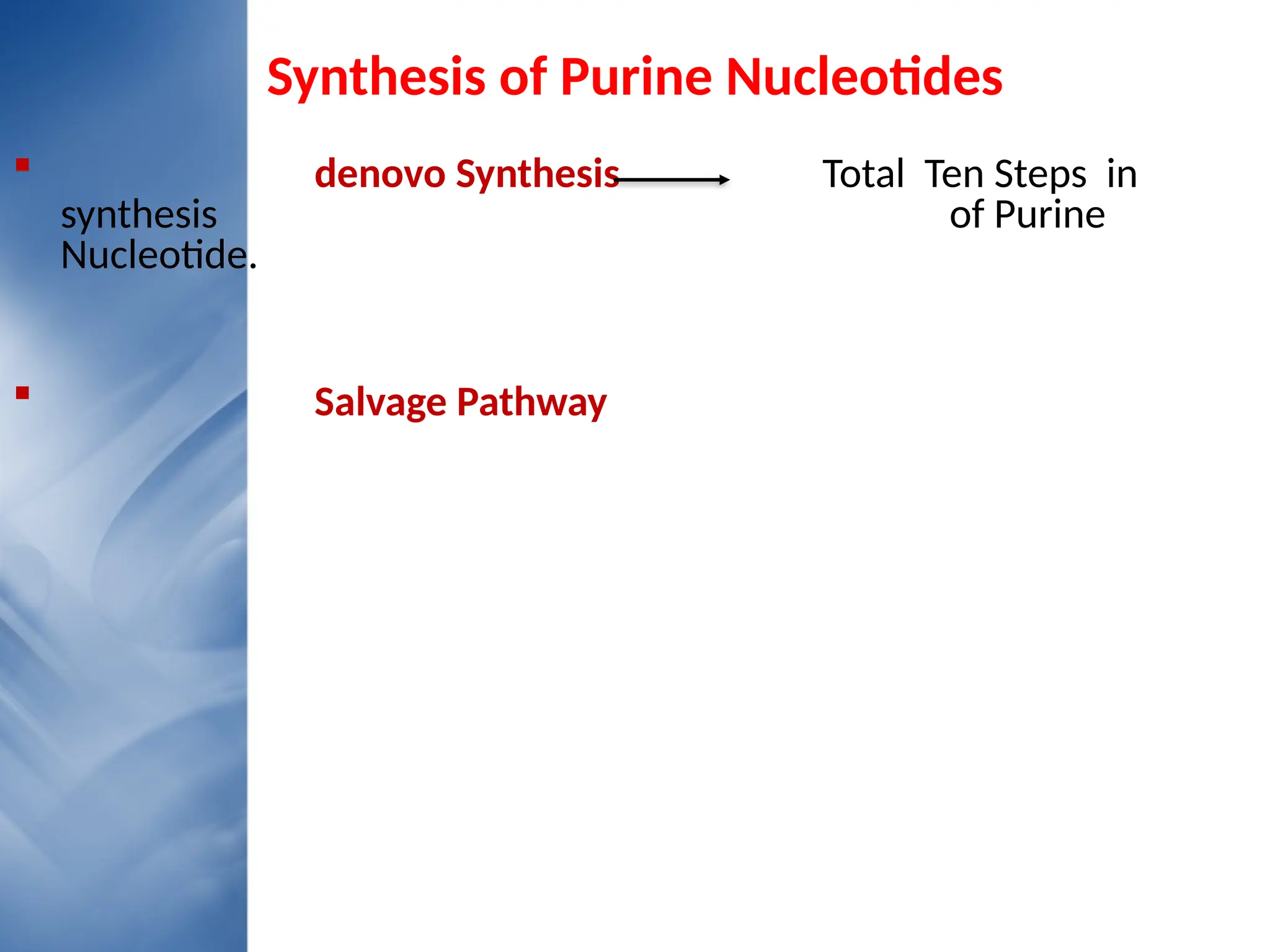 Synthesis of Purine Nucleotides
 denovo Synthesis Total Ten Steps in
synthesis of Purine
Nucleotide.
 Salvage Pathway
 