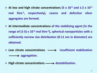  At low and high citrate concentrations (5 x 10-5 and 1.5 x 10-3
mol litre-1, respectively), coarse and defective silver
aggregates are formed.
 At intermediate concentrations of the stabilizing agent [in the
range of (1-5) x 10-4 mol litre-1], spherical nanoparticles with a
sufficiently narrow size distribution (8-11 nm in diameter) are
obtained.
 Low citrate concentrations insufficient stabilization
aggregation.
 High citrate concentrations destabilization.
23
 