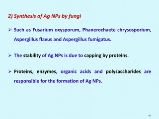 2) Synthesis of Ag NPs by fungi
 Such as Fusarium oxysporum, Phanerochaete chrysosporium,
Aspergillus flavus and Aspergillus fumigatus.
 The stability of Ag NPs is due to capping by proteins.
 Proteins, enzymes, organic acids and polysaccharides are
responsible for the formation of Ag NPs.
49
 