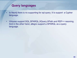 Query languages
• In Neo4j there is no supporting for sql query. It is support a Cypher
language.

• Virtuoso support SQL,SPARQL,XQuery,XPath and RDF++ resoning.
And in the other hand, allegro support a SPARQL as a query
language.

65

 