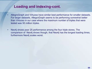 Loading and indexing-cont.
•

AllegroGraph and Virtuoso have similar best performance for smaller datasets.
For larger datasets, AllegroGraph seems to be performing somewhat better
than Virtuoso in our case where the maximum number of triples that were
tested was 50 million triples.

•

Neo4j shows poor 25 performance among the four triple stores, The
comparison of Neo4j shows though, that Neo4j has the longest loading times,
furthermore Neo4j scales worst.

68

 
