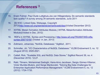 References 3
15.

Erwin Folmer, Paul Oude Luttighuis,Jos van Hillegersberg, Do semantic standards
lack quality? A survey among 34 semantic standards, June 2011

16.

[9] W3C: Linked Data. Webpage, Copyright
2012(http://www.w3.org/standards/semanticweb/daa)(Visited December 2012)

17.

XHTML Metain formation Attributes Module,( XHTML Metainformation Attributes
Module)(Visited in Dec, 2012)

18.

RDFa in XHTML: Syntax and Processing,( http://www.w3.org/TR/2007/WD-rdfasyntax-20071018/) (Visited in Jan, 2013)

19.

Zollmann, Johannes. "NoSQL Databases." SigMod , 2011.

20.

Schindler, Jiri. "I/O Characteristics of NoSQL Databases." VLDB Endowment 5, no. 12
(August 2012): 2020-2021.

21.

Cattell, Rick. "Scalable SQL and NoSQL Data Stores." SigMod Record 39, no. 4
(December 2010): 12-27.

22.

Rabl, Tilmann, Mohammad Sadoghi, Hans-Arno Jacobsen, Sergio Gόmez-Villamor,
Victor Muntés-Mulero, and Serge Mankovskii. "Solving Big Data Challenges for
Enterprise Application Performance Management." VLDB Endownment 5, no. 12
(2012): 1724-1735.
83

 