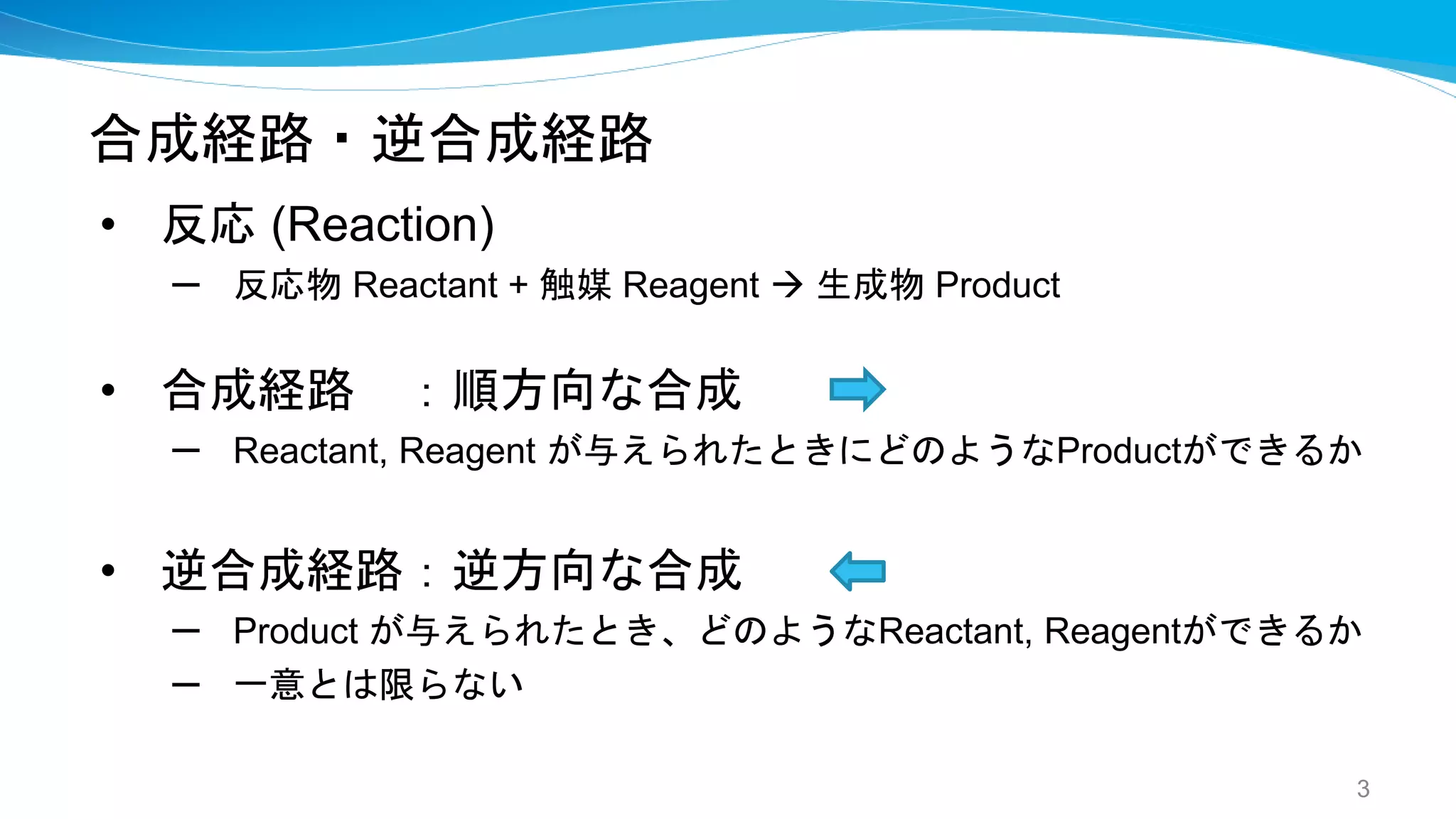 合成経路・逆合成経路
• 反応 (Reaction)
– 反応物 Reactant + 触媒 Reagent → 生成物 Product
• 合成経路 ：順方向な合成
– Reactant, Reagent が与えられたときにどのようなProductができるか
• 逆合成経路：逆方向な合成
– Product が与えられたとき、どのようなReactant, Reagentができるか
– 一意とは限らない
3
 