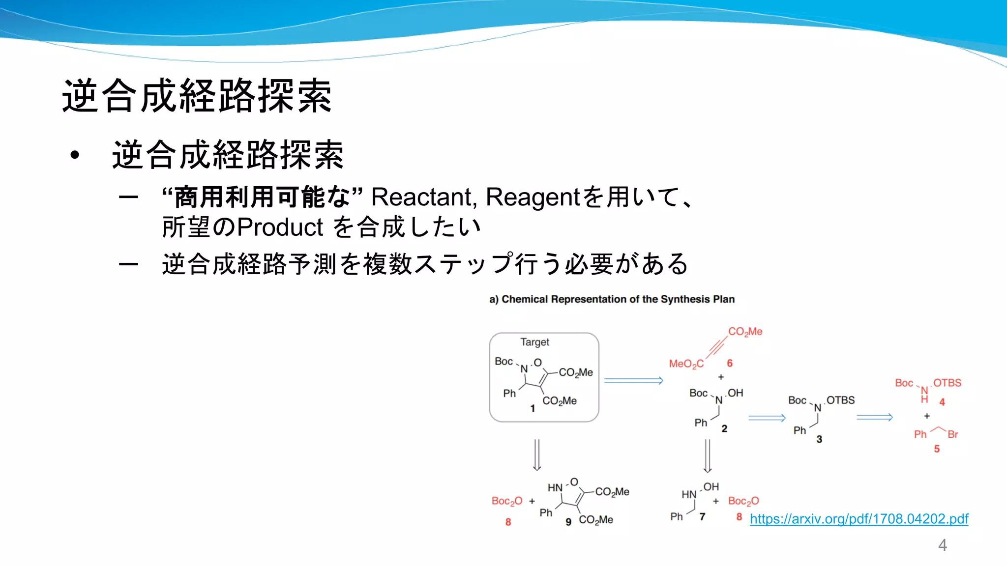 逆合成経路探索
• 逆合成経路探索
– “商用利用可能な” Reactant, Reagentを用いて、
所望のProduct を合成したい
– 逆合成経路予測を複数ステップ行う必要がある
4
https://arxiv.org/pdf/1708.04202.pdf
 
