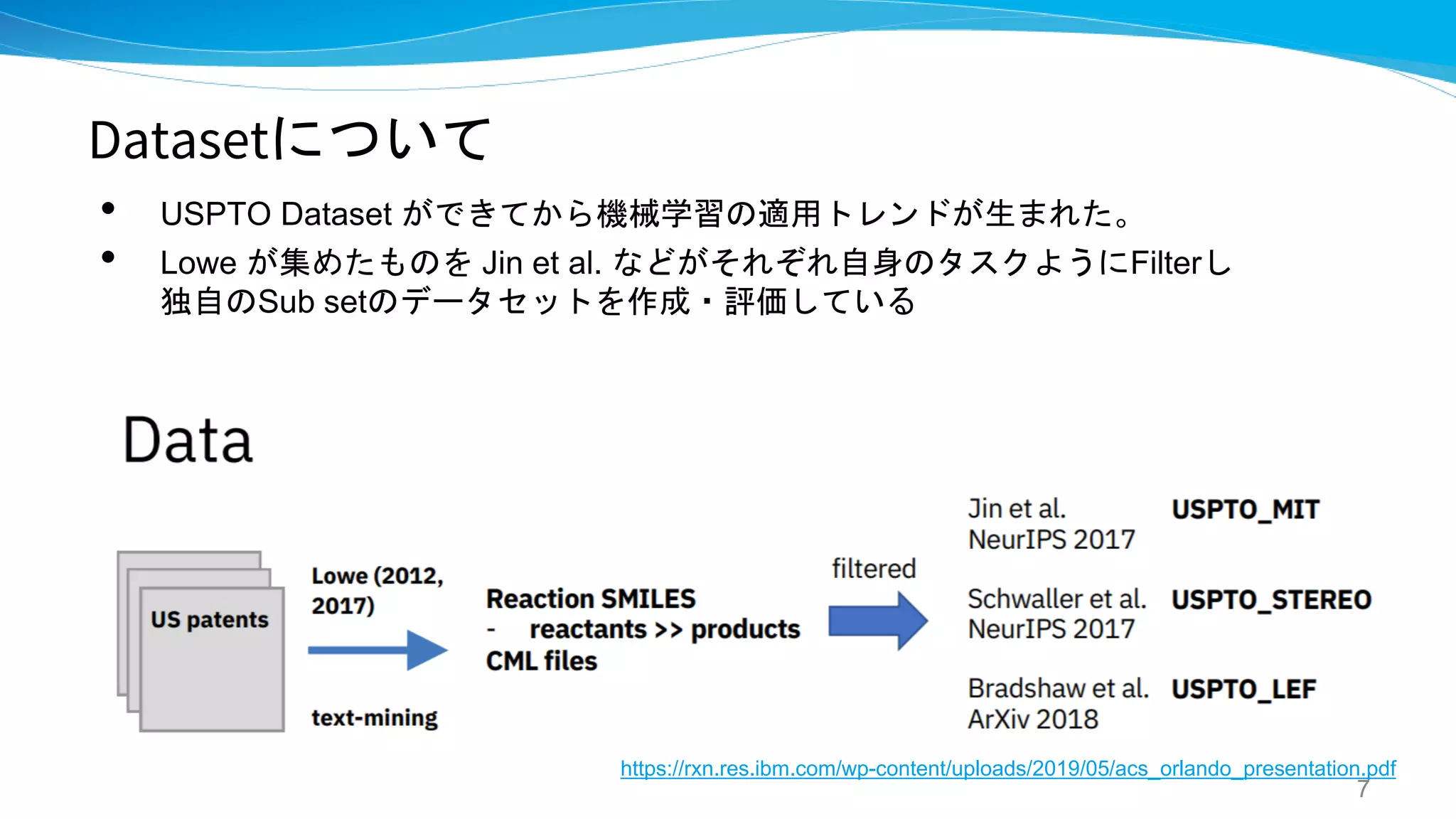 Datasetについて
• USPTO Dataset ができてから機械学習の適用トレンドが生まれた。
• Lowe が集めたものを Jin et al. などがそれぞれ自身のタスクようにFilterし
独自のSub setのデータセットを作成・評価している
7
https://rxn.res.ibm.com/wp-content/uploads/2019/05/acs_orlando_presentation.pdf
 