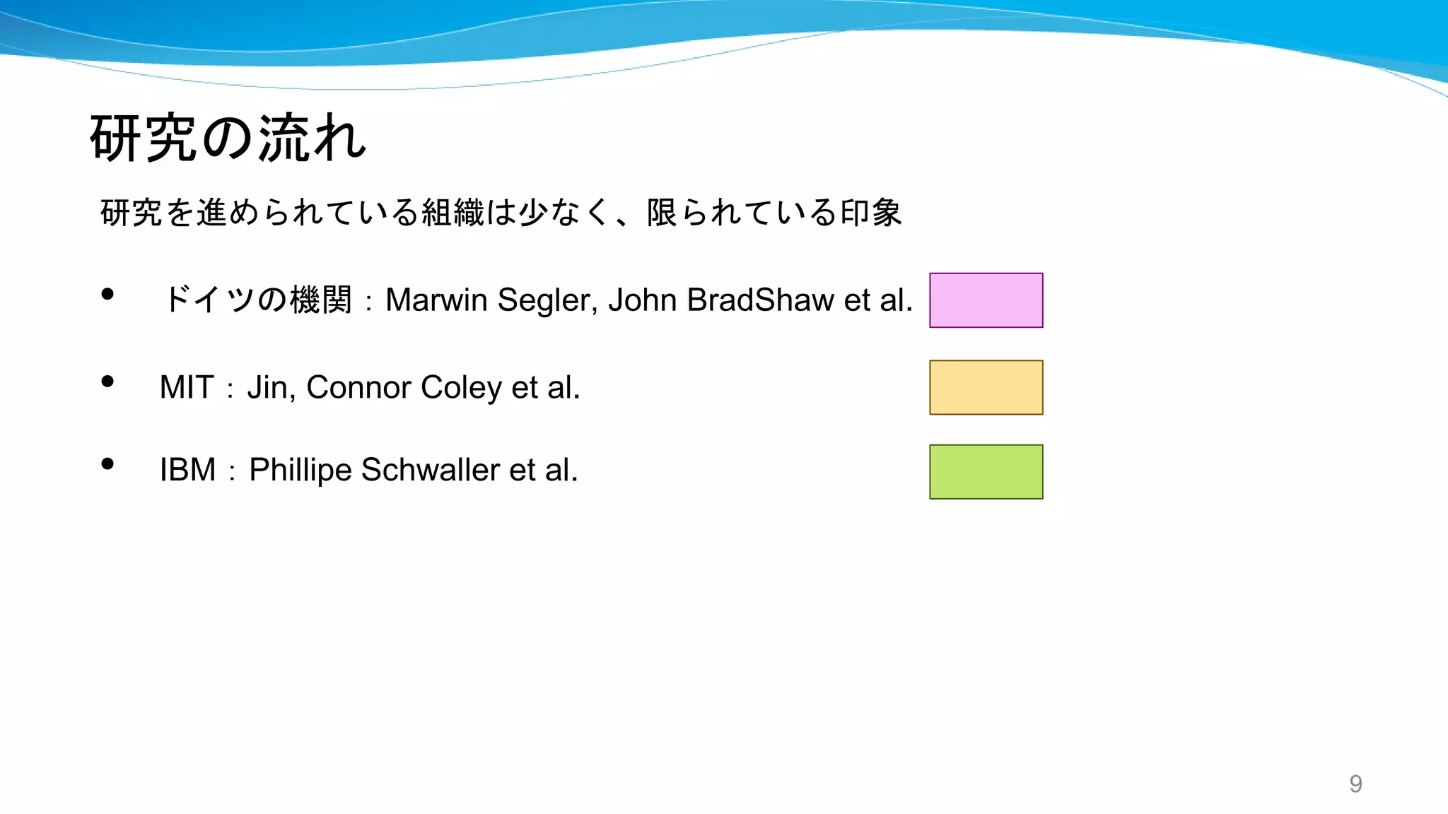 研究の流れ
研究を進められている組織は少なく、限られている印象
• ドイツの機関：Marwin Segler, John BradShaw et al.
• MIT：Jin, Connor Coley et al.
• IBM：Phillipe Schwaller et al.
9
 