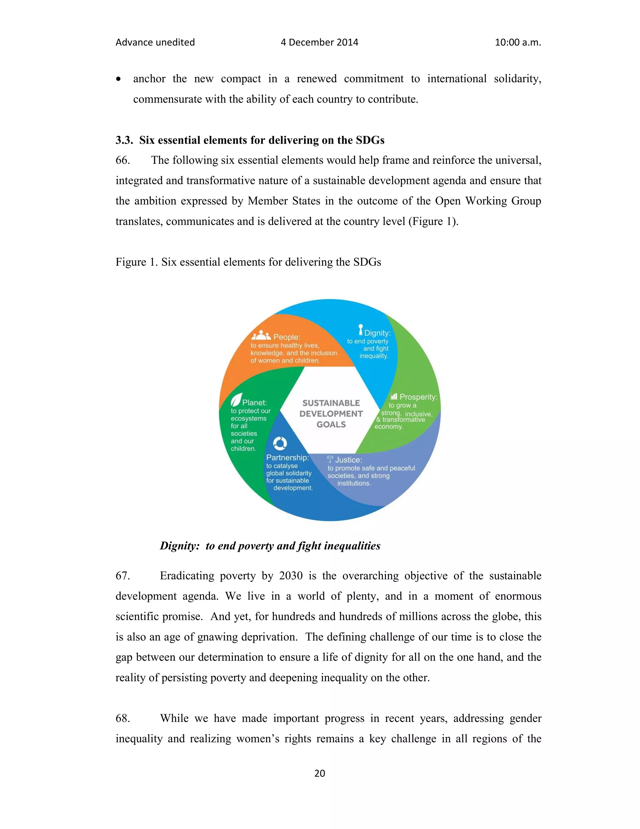 Advance unedited 4 December 2014 10:00 a.m. 
· anchor the new compact in a renewed commitment to international solidarity, 
commensurate with the ability of each country to contribute. 
3.3. Six essential elements for delivering on the SDGs 
66. The following six essential elements would help frame and reinforce the universal, 
integrated and transformative nature of a sustainable development agenda and ensure that 
the ambition expressed by Member States in the outcome of the Open Working Group 
translates, communicates and is delivered at the country level (Figure 1). 
Figure 1. Six essential elements for delivering the SDGs 
Dignity: to end poverty and fight inequalities 
67. Eradicating poverty by 2030 is the overarching objective of the sustainable 
development agenda. We live in a world of plenty, and in a moment of enormous 
scientific promise. And yet, for hundreds and hundreds of millions across the globe, this 
is also an age of gnawing deprivation. The defining challenge of our time is to close the 
gap between our determination to ensure a life of dignity for all on the one hand, and the 
reality of persisting poverty and deepening inequality on the other. 
68. While we have made important progress in recent years, addressing gender 
inequality and realizing women’s rights remains a key challenge in all regions of the 
20 
 