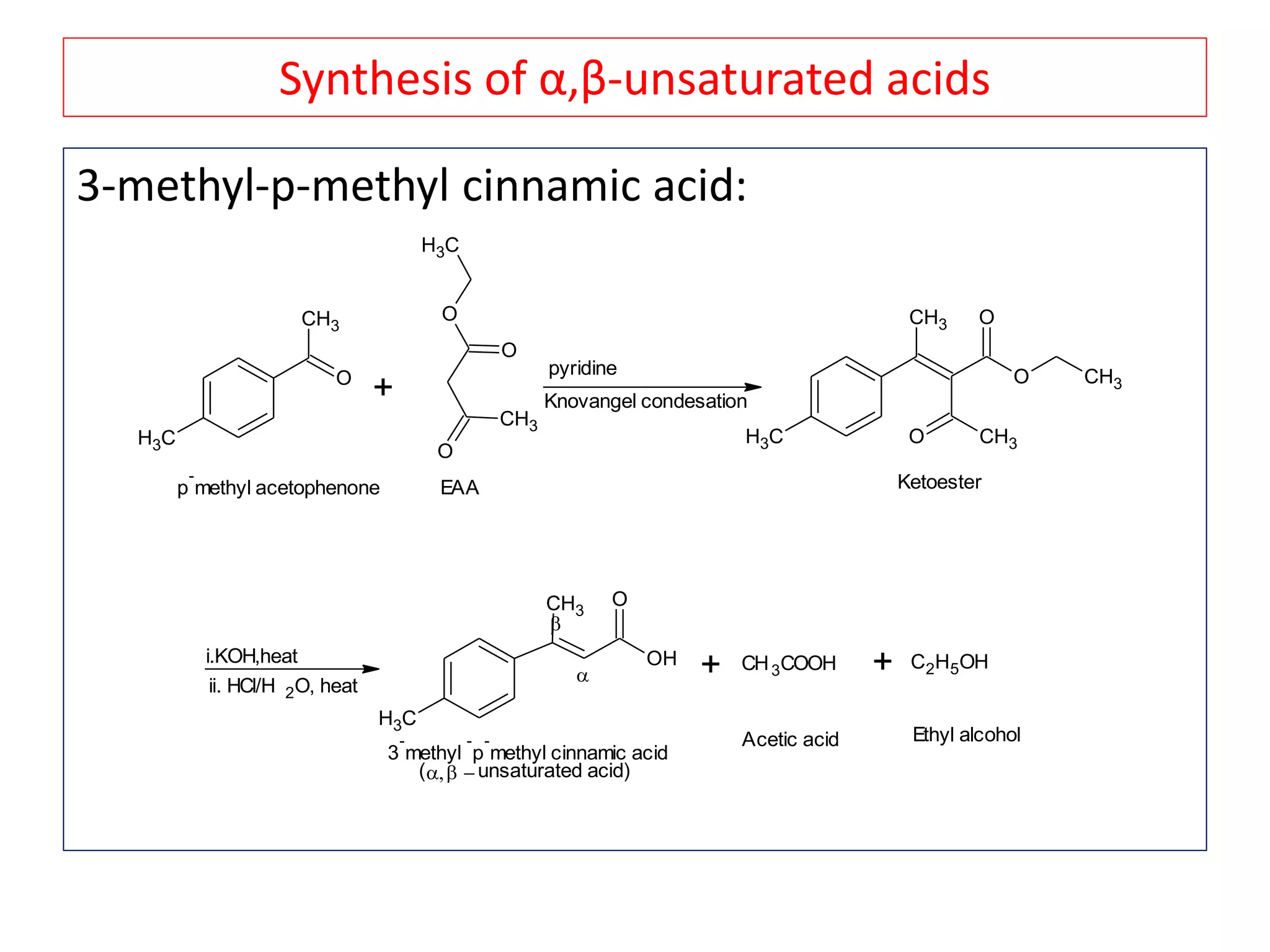 Synthesis of α,β-unsaturated acids
3-methyl-p-methyl cinnamic acid:
O
CH3
CH3
+
O
CH3
O
O
CH3
pyridine
Knovangel condesation
CH3
O CH3
O
O
CH3
CH3
i.KOH,heat
ii. HCl/H 2O, heat
OH
OCH3
CH3
+ CH3COOH + C2H5OH
EAA Ketoester
Acetic acid Ethyl alcohol


(unsaturated acid)
3
-
methyl
-
p
-
methyl cinnamic acid
p
-
methyl acetophenone
 